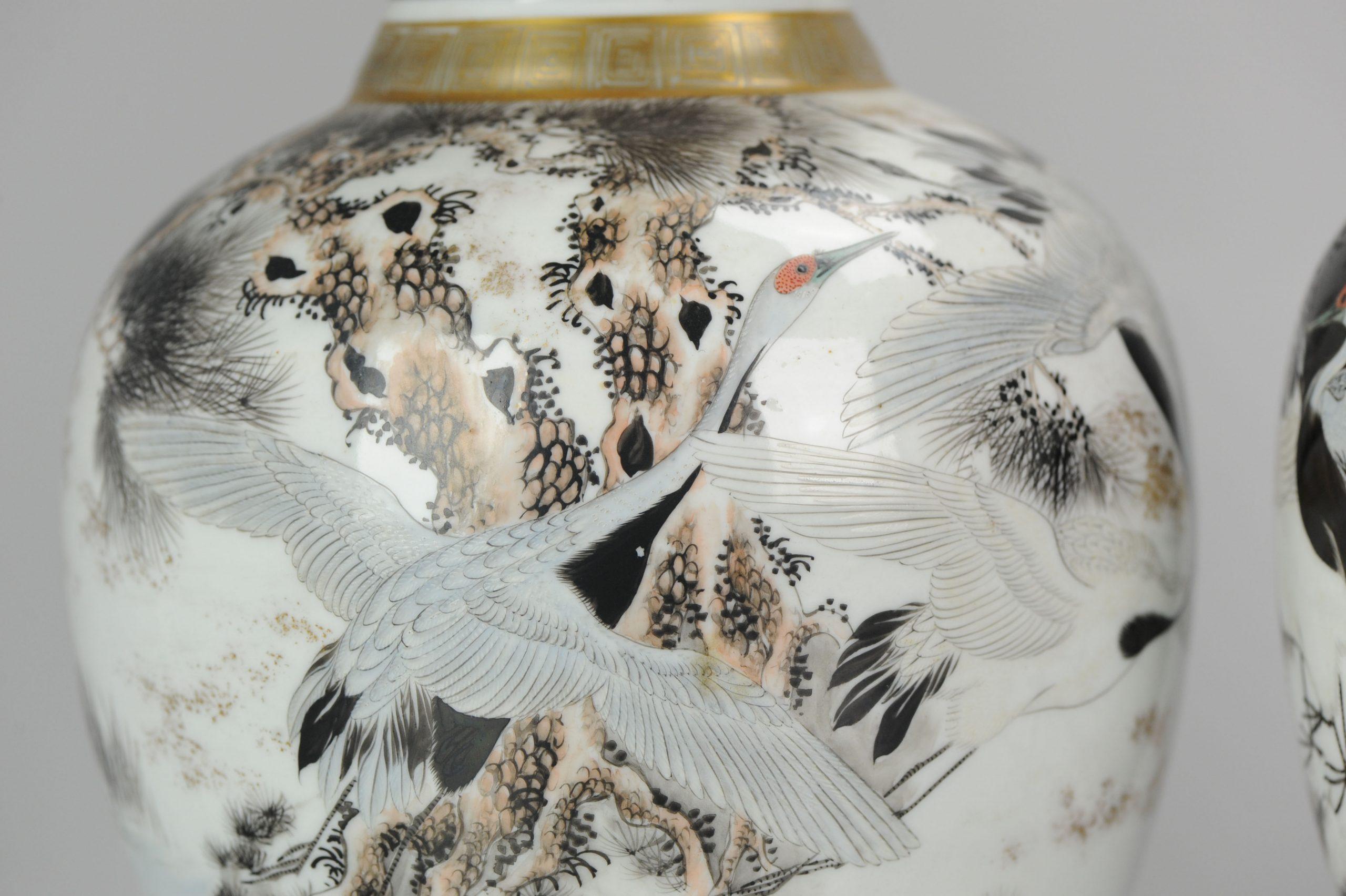 Antique Pair of Japanese Kutani Crane Vases Japanese Satsuma Style Kutani 10