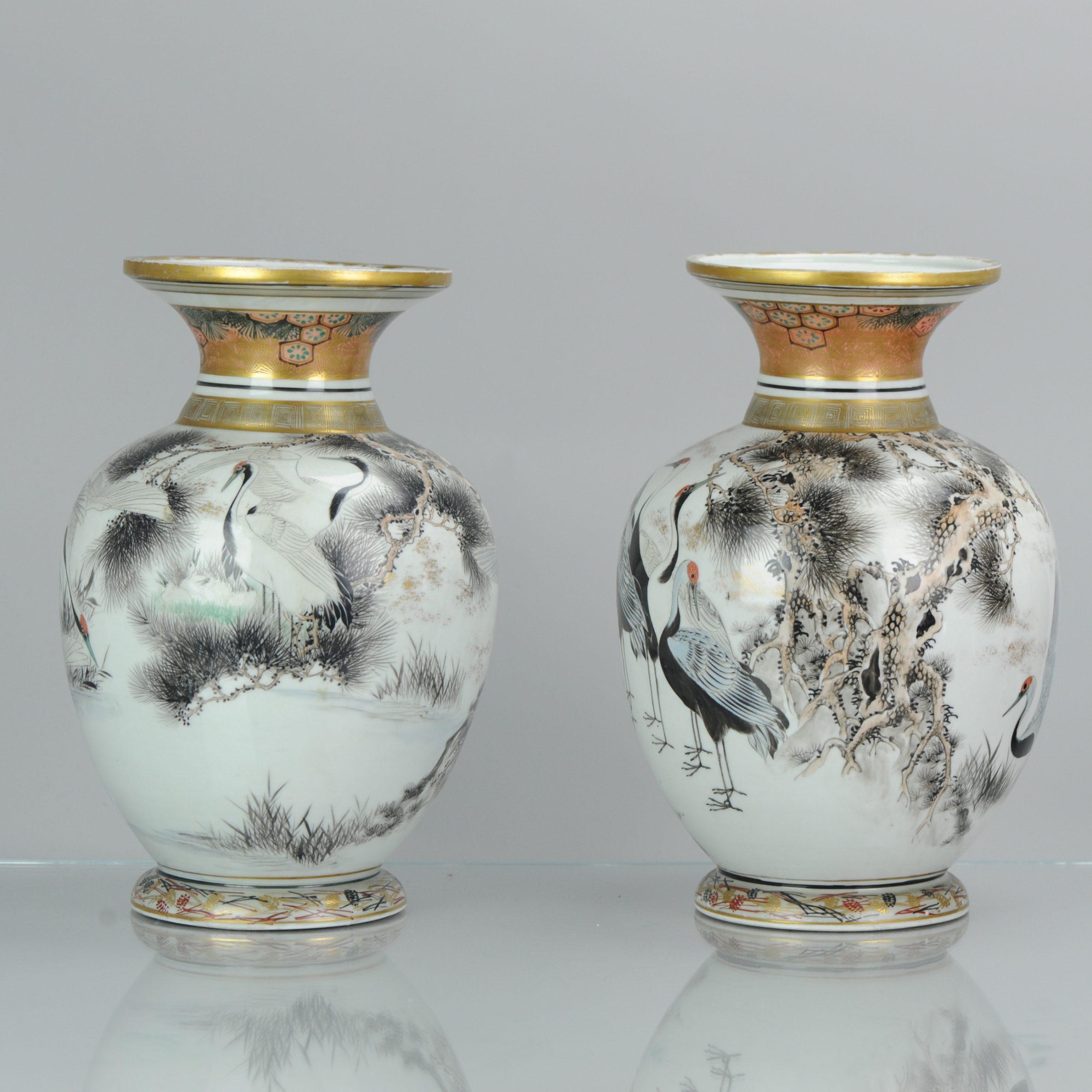 Antique Pair of Japanese Kutani Crane Vases Japanese Satsuma Style Kutani In Good Condition In Amsterdam, Noord Holland