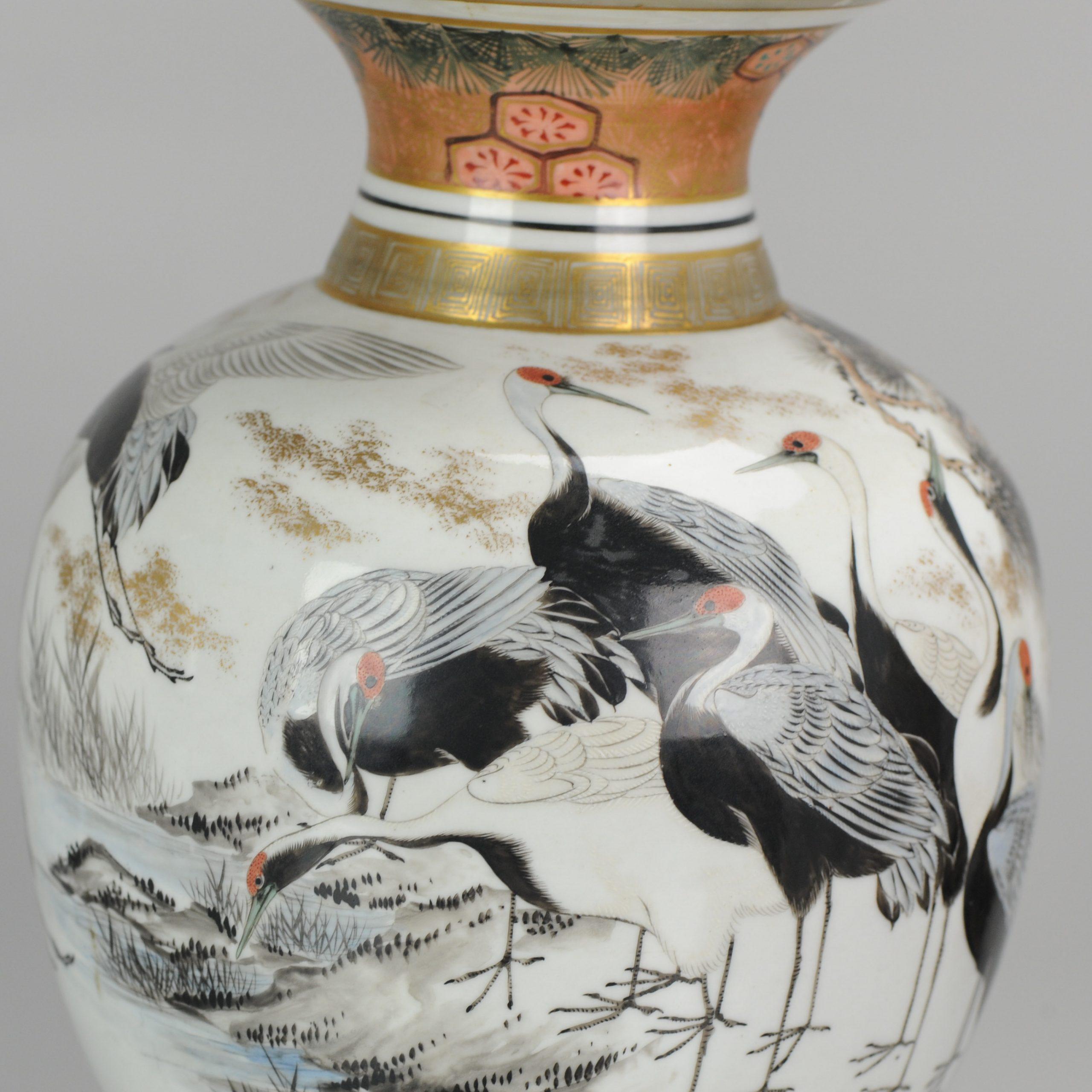 Antique Pair of Japanese Kutani Crane Vases Japanese Satsuma Style 