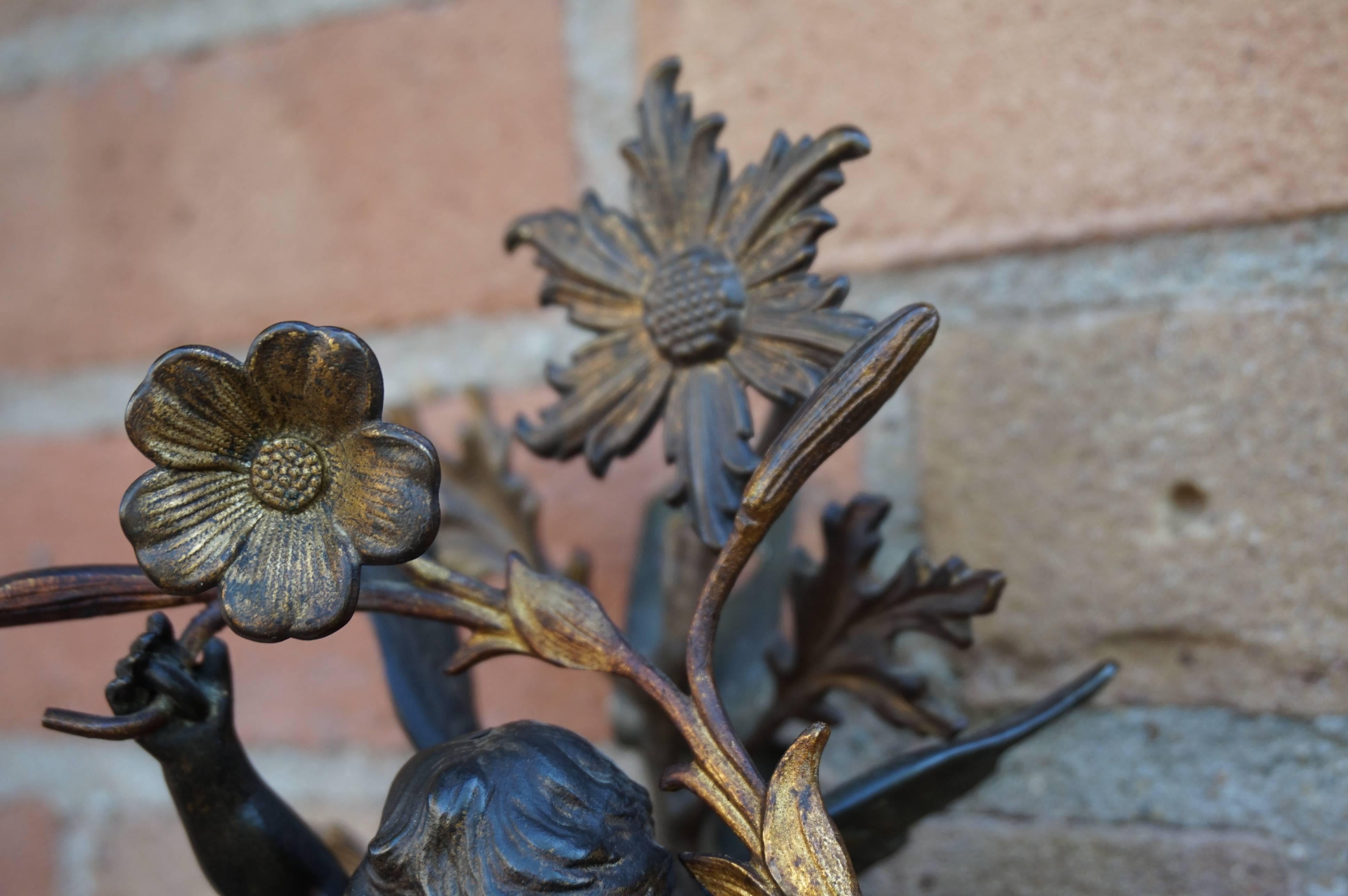 Antique Pair of 19th Century Baroque Revival Angels / Putti with Bronze Flowers 6