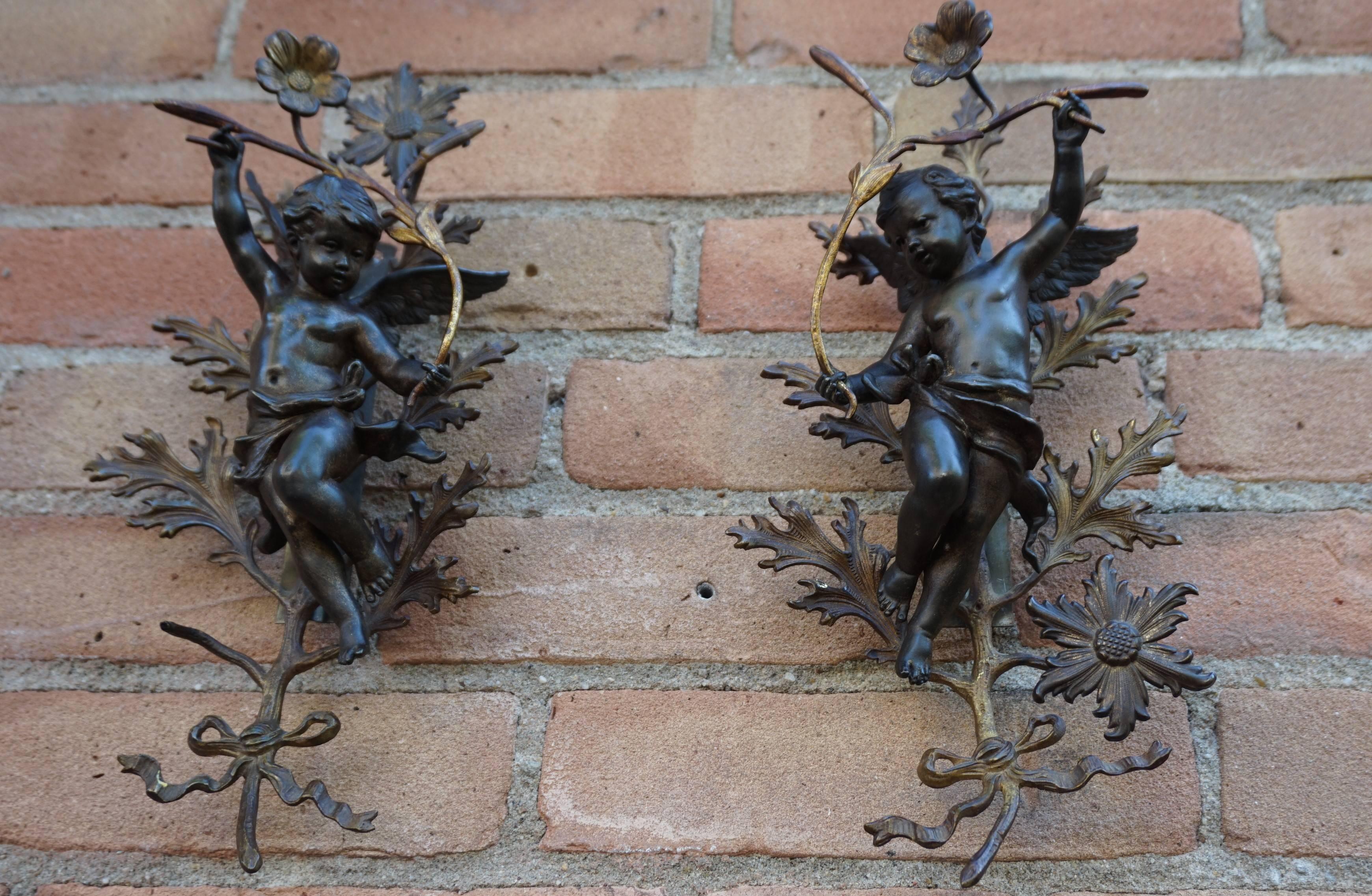 Antique Pair of 19th Century Baroque Revival Angels / Putti with Bronze Flowers 8