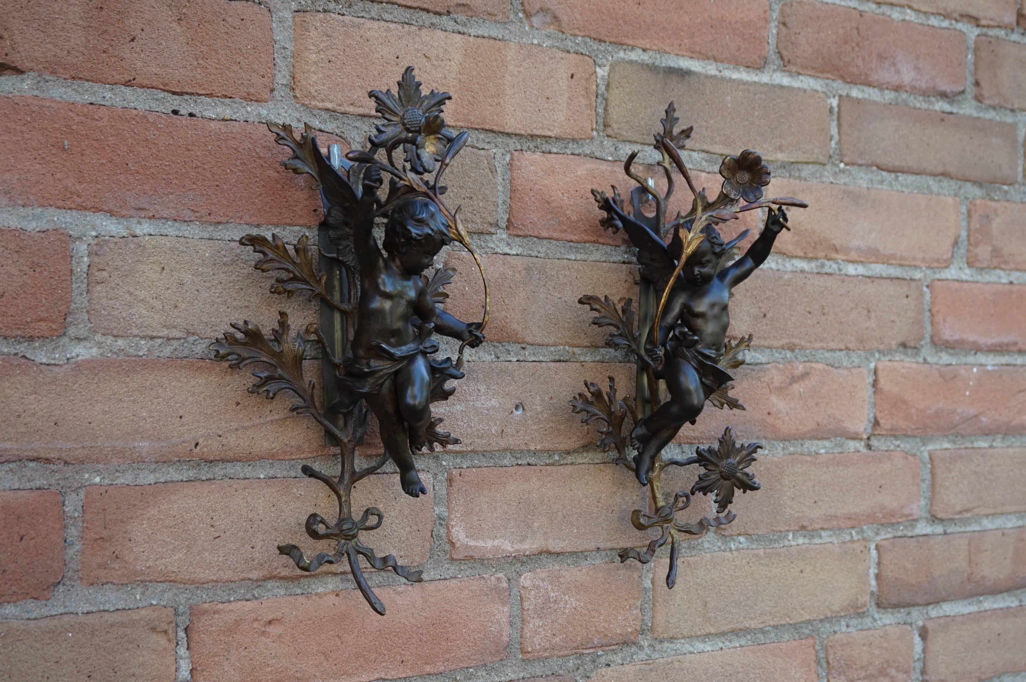 Antique Pair of 19th Century Baroque Revival Angels / Putti with Bronze Flowers 9