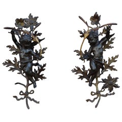 Antique Pair of 19th Century Baroque Revival Angels / Putti with Bronze Flowers