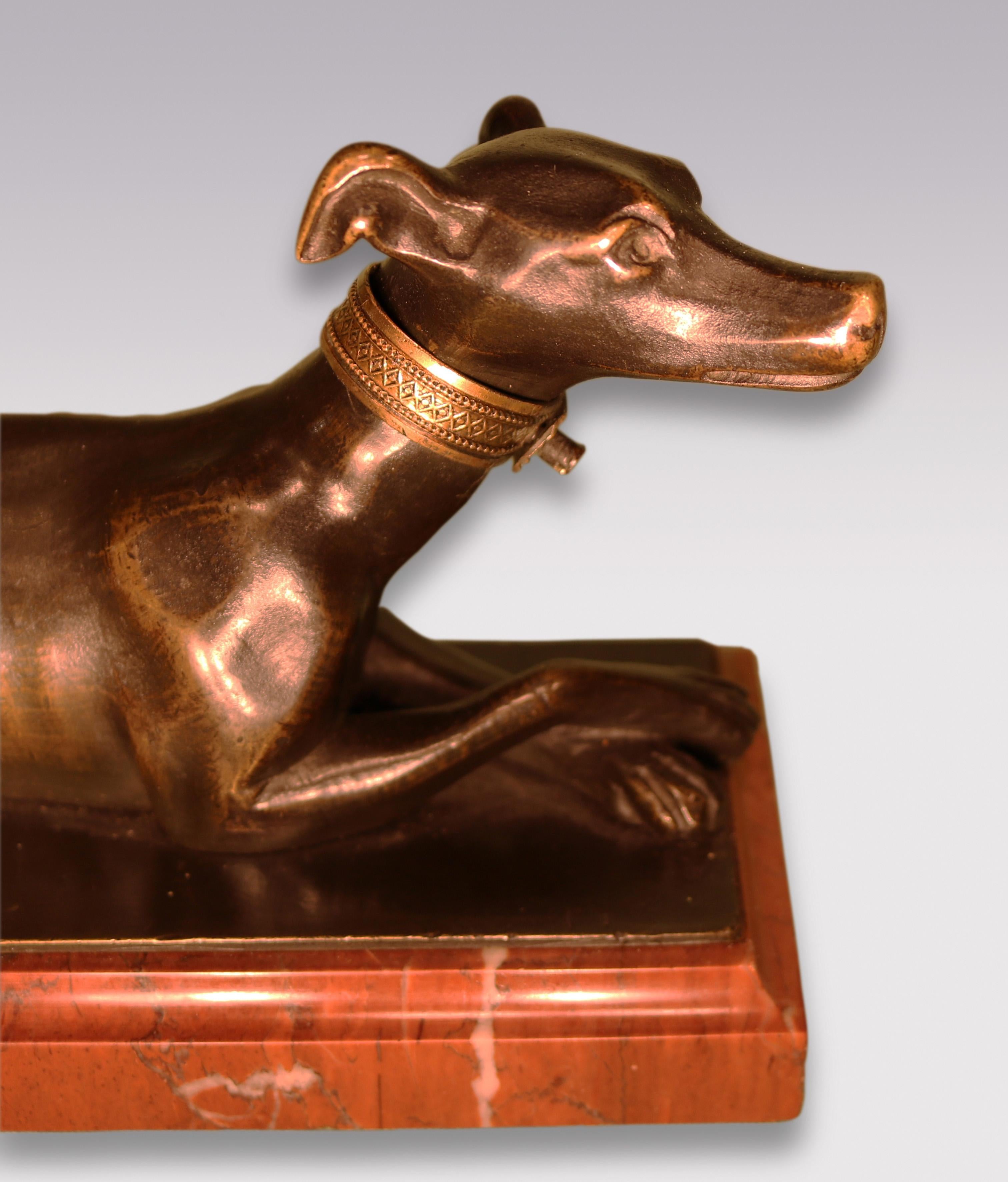 Antique pair of 19th century bronze hounds on red marble bases. In Good Condition For Sale In London, GB