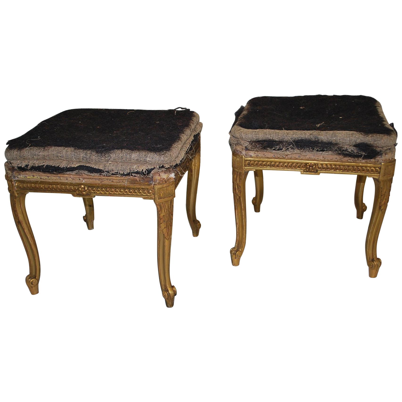 Antique pair of  19th century carved French Giltwood Stools For Sale
