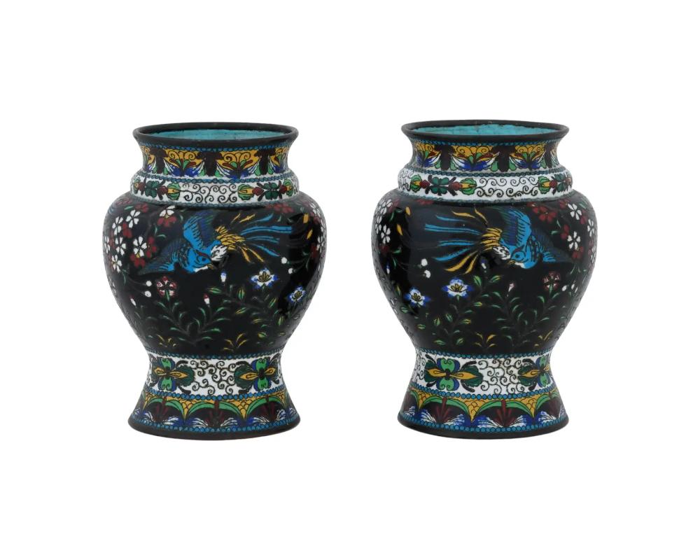 Antique Pair of 19th Century Early Meiji Japanese Cloisonne Vases with Birds of  In Good Condition For Sale In New York, NY