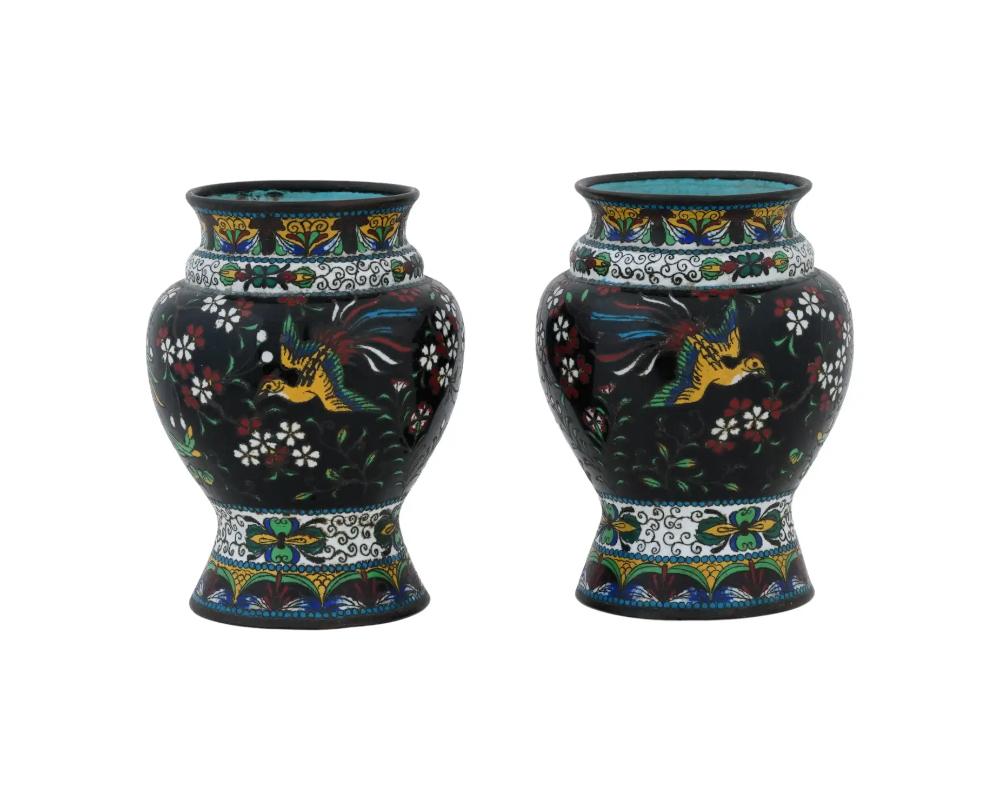 Enamel Antique Pair of 19th Century Early Meiji Japanese Cloisonne Vases with Birds of  For Sale