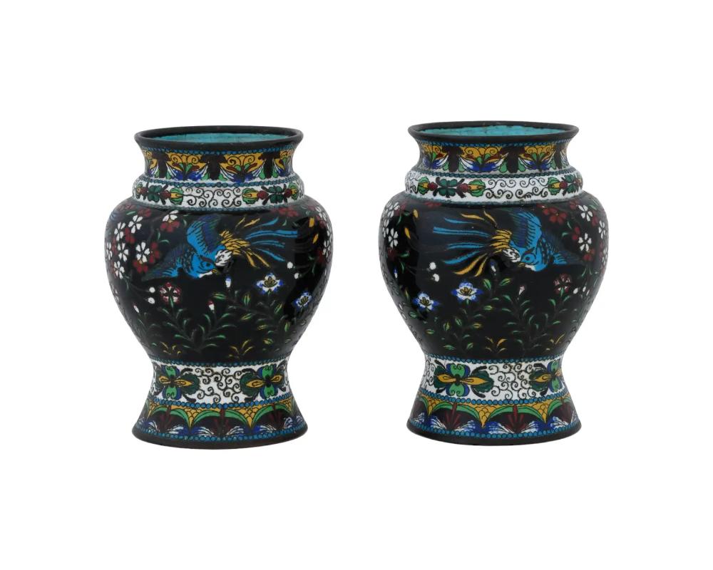 Antique Pair of 19th Century Early Meiji Japanese Cloisonne Vases with Birds of  For Sale 1