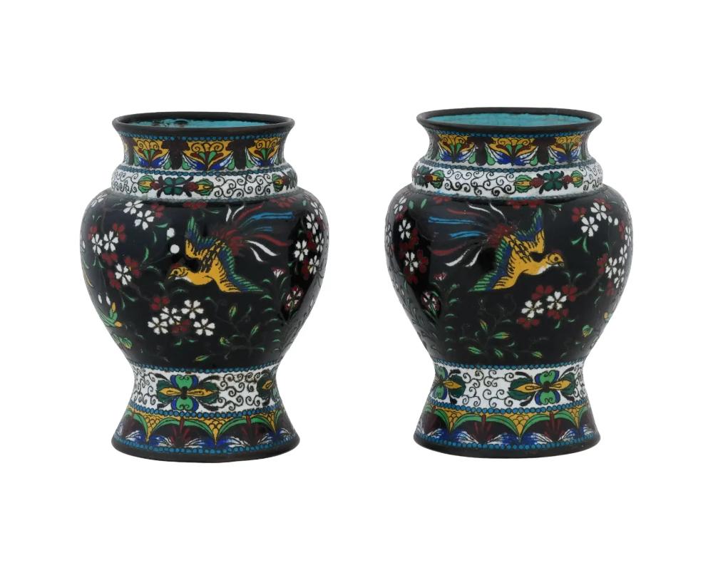 Antique Pair of 19th Century Early Meiji Japanese Cloisonne Vases with Birds of  For Sale
