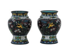 Antique Pair of 19th Century Early Meiji Japanese Cloisonne Vases with Birds of 