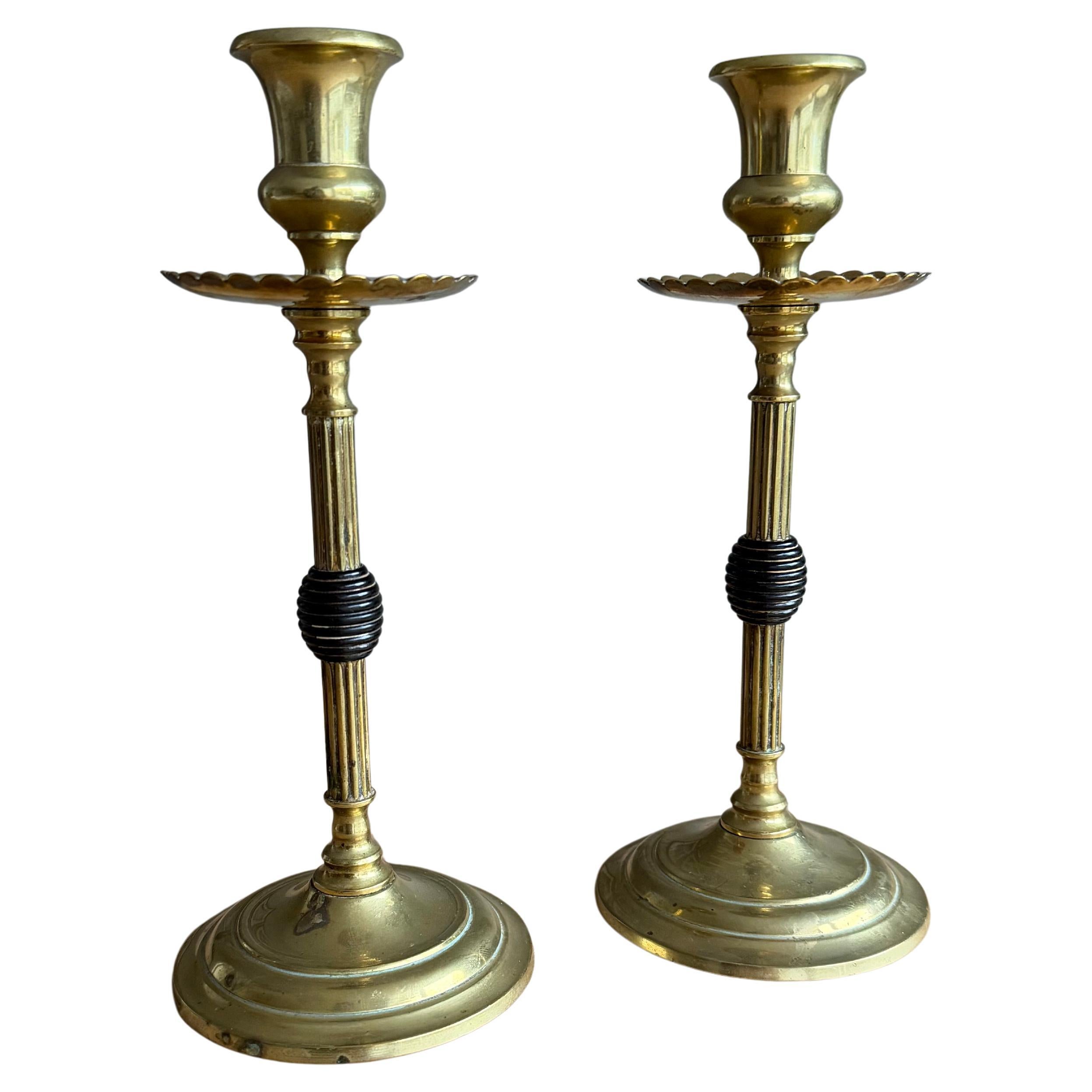 Antique Pair of 19th Century English Brass Candlesticks with Black Turned Detail