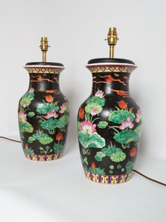 Antique Pair of 19th Century Famille Noire Chinese Vase Lamps, circa 1860