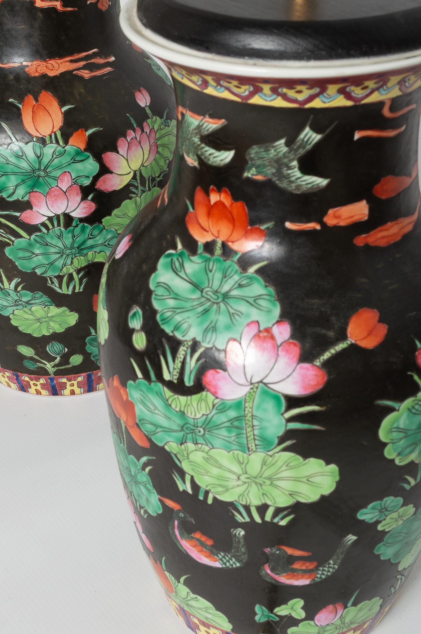 Antique Pair of 19th Century Famille Noire Chinese Vase Lamps, circa 1860 In Good Condition For Sale In London, GB