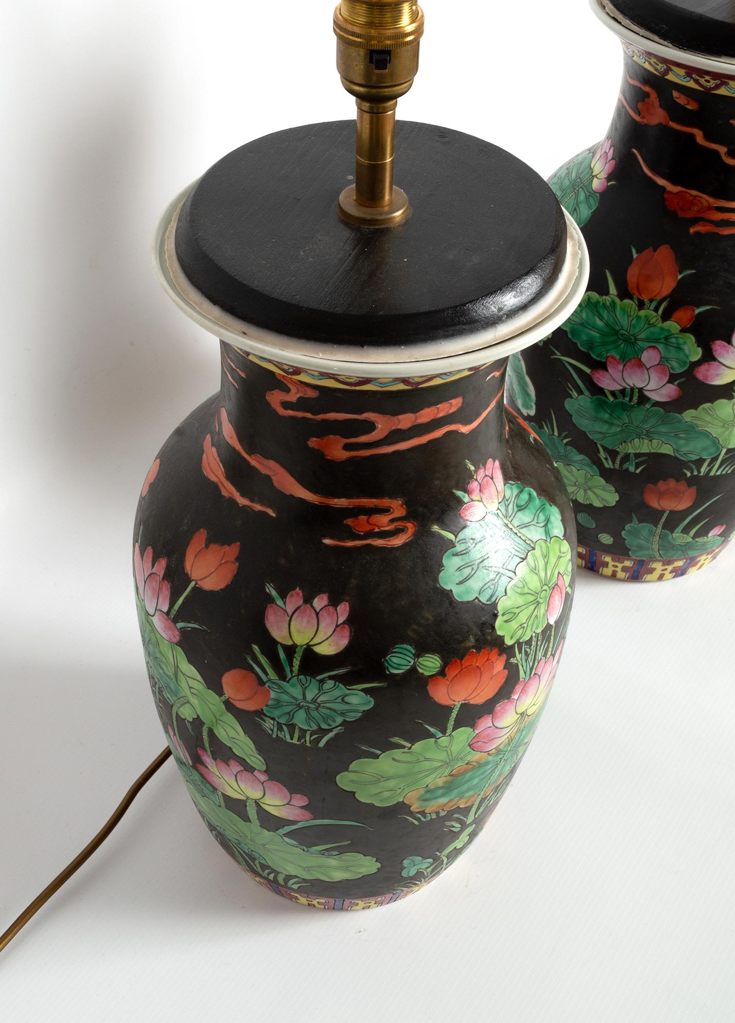 Porcelain Antique Pair of 19th Century Famille Noire Chinese Vase Lamps, circa 1860 For Sale