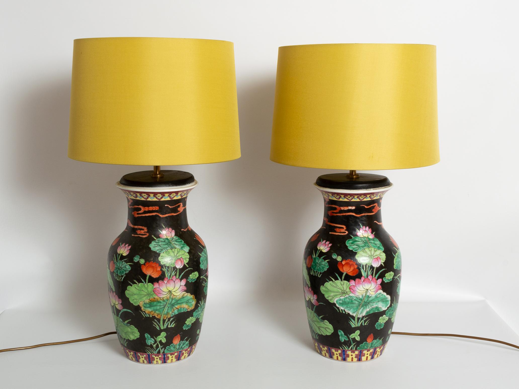 Antique Pair of 19th Century Famille Noire Chinese Vase Lamps, circa 1860 For Sale 3