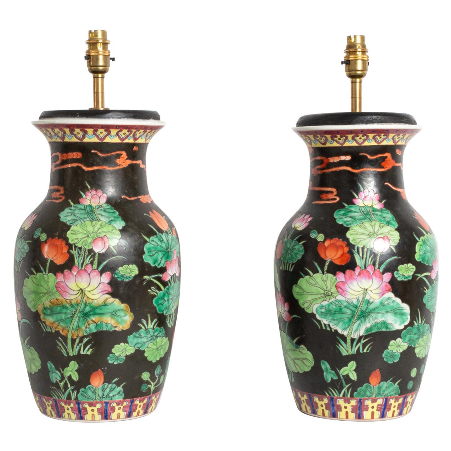 Antique Pair of 19th Century Famille Noire Chinese Vase Lamps, circa 1860 For Sale