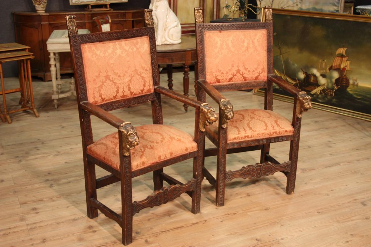 Wood Antique Pair of 19th Century Italian Armchairs For Sale
