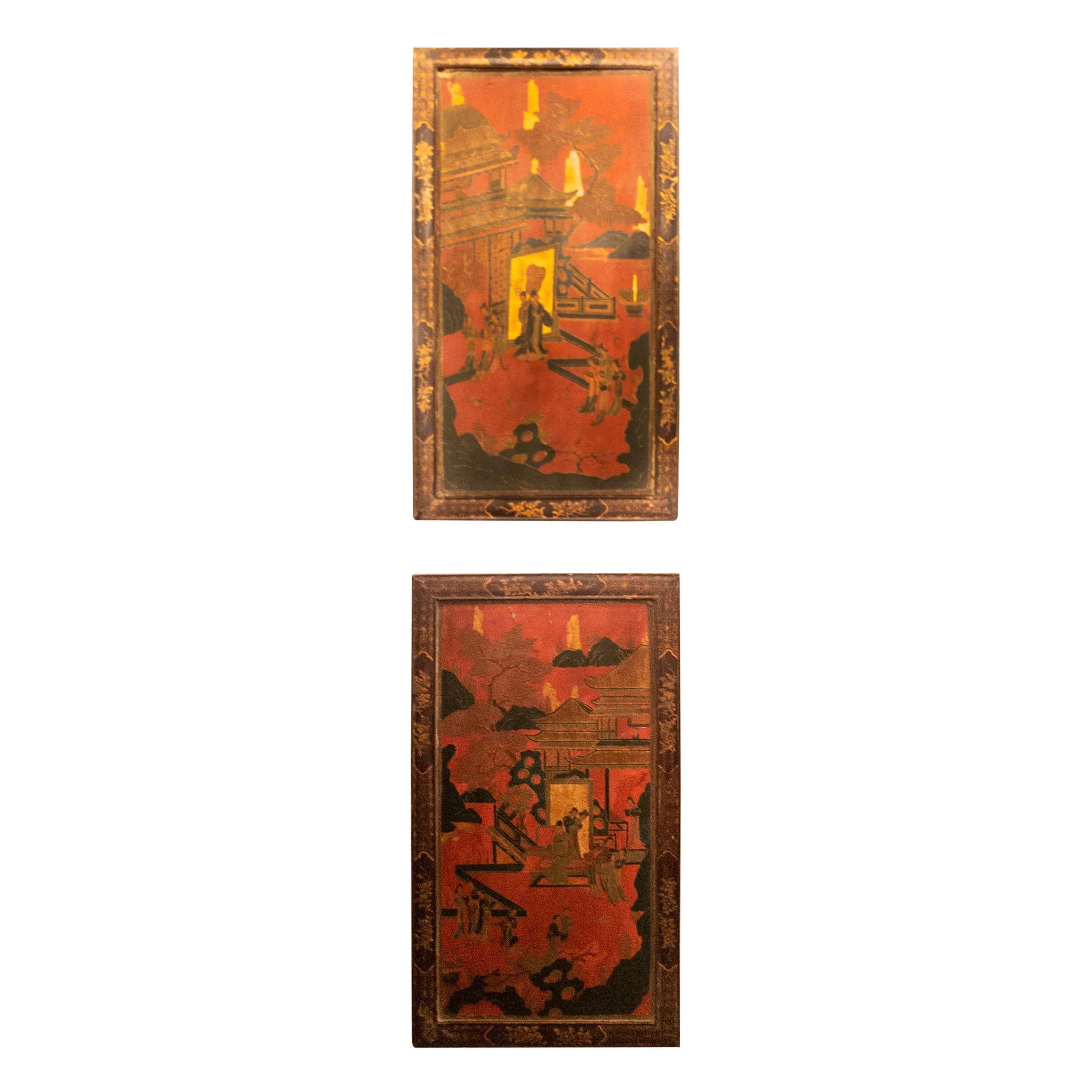 Pair Antique 19th Century Japanese Red Lacquered Wood Panels.