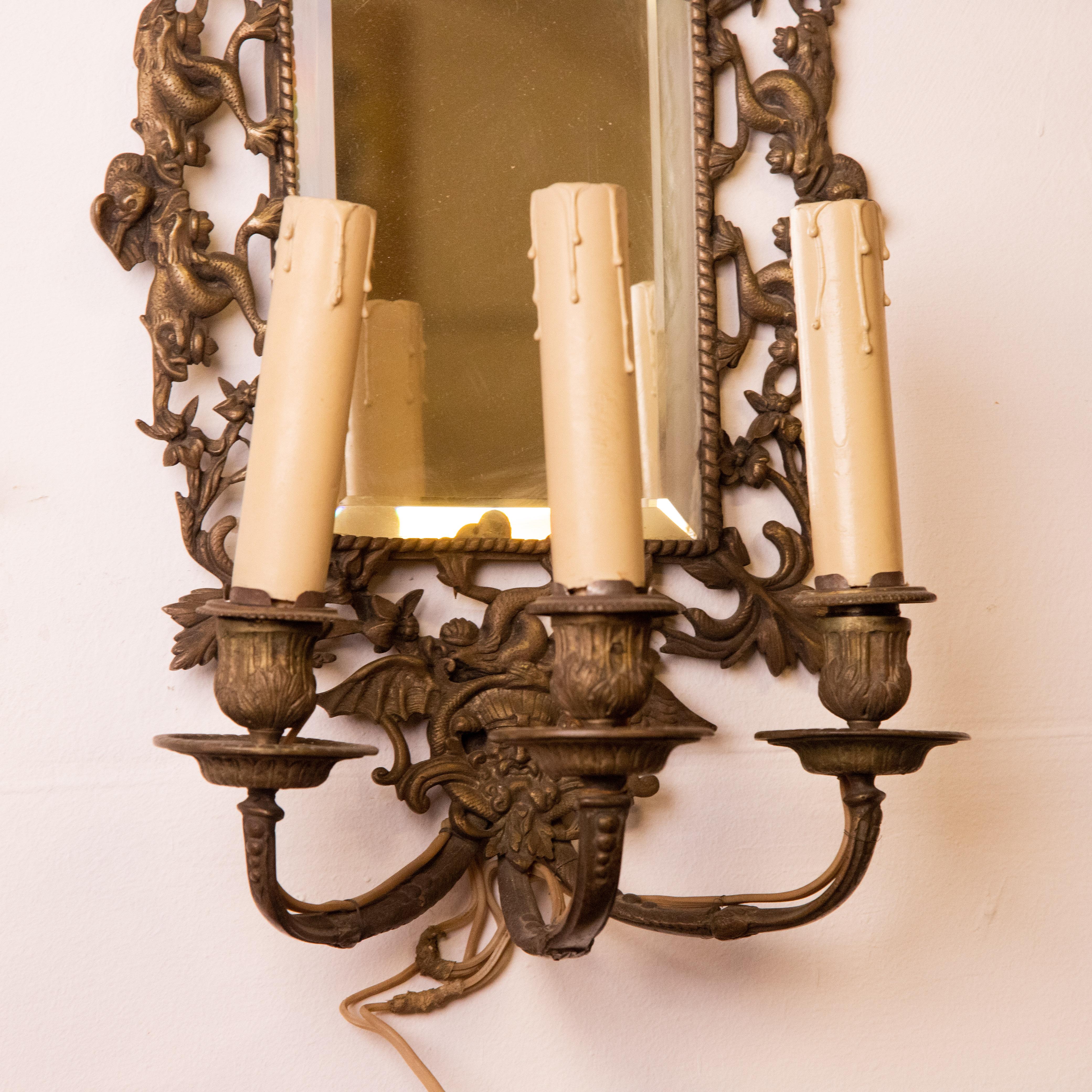 Antique Pair of 19th Century Mirror Bronze Wall Light In Fair Condition In Roma, IT