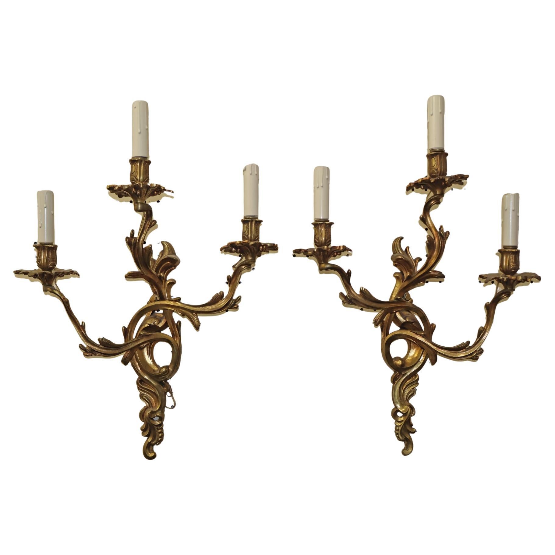 Coppia di 3 lampade da parete in bronzo francese in stile Luigi XV 22 X 17