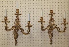 Antique Pair of 3 Light Bronze French Louis XV Style Wall Sconces