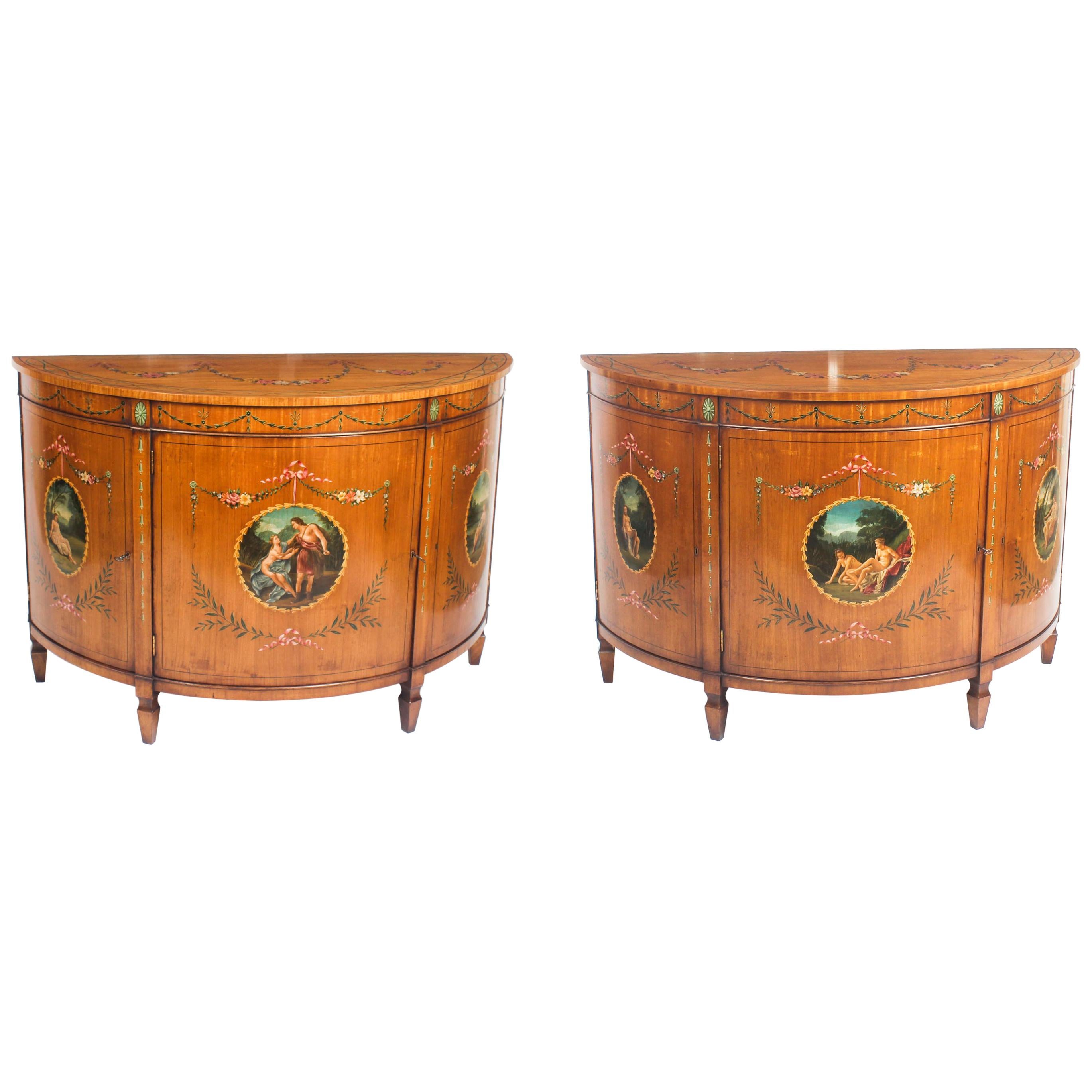 Antique Pair of Adam Revival Satinwood Side Cabinets Commodes, 19th Century