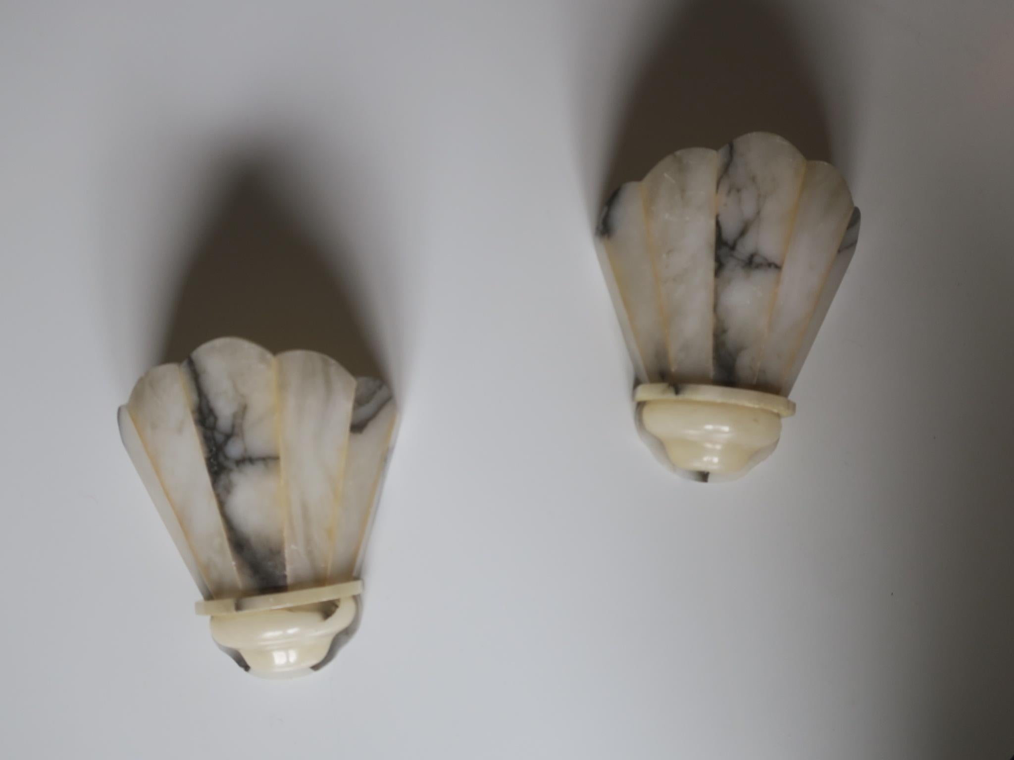 European Antique Pair of Alabaster Art Deco Sconces Nicely Veined For Sale