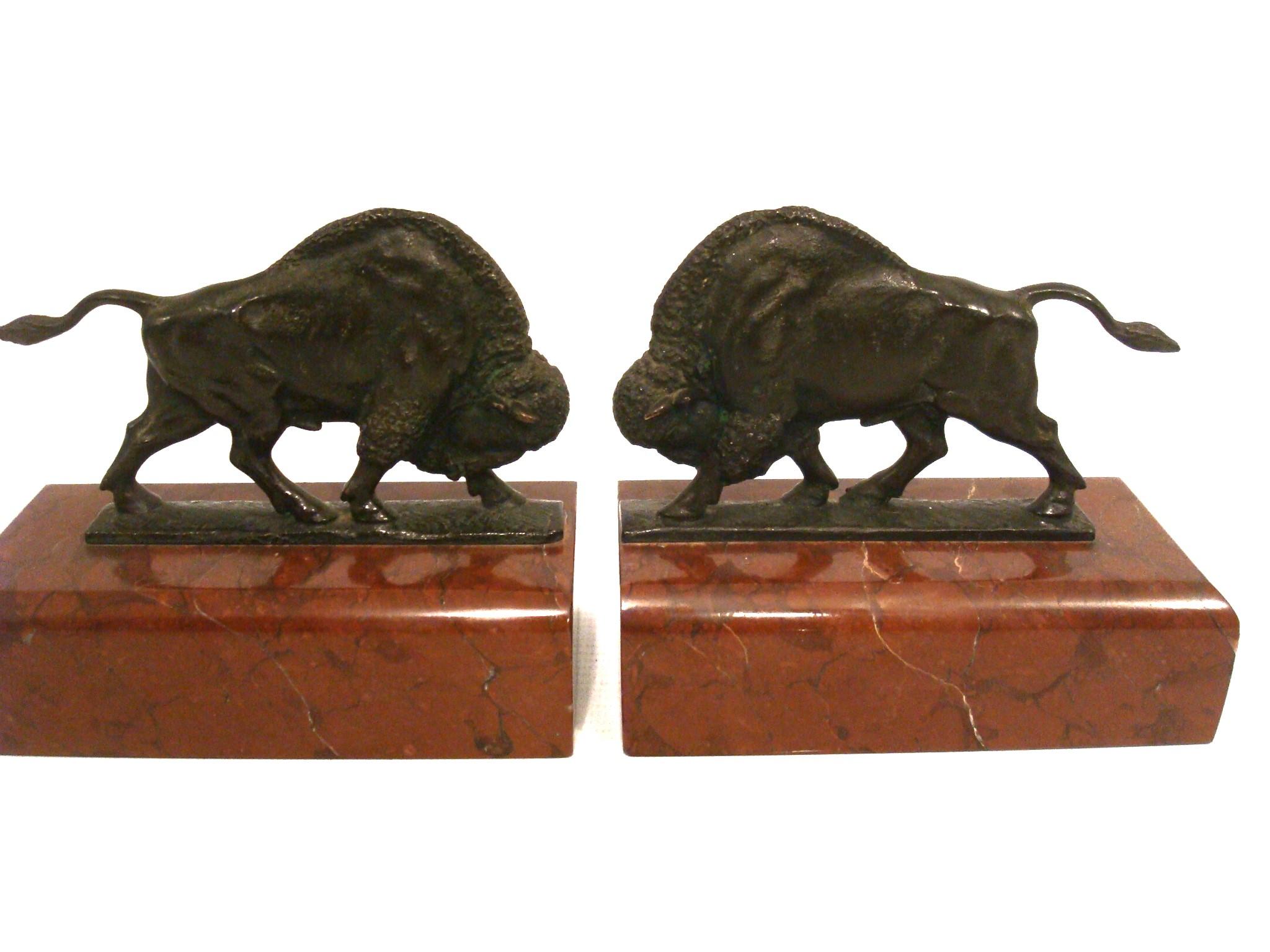 Art Deco Antique Pair Of American Buffalo Bison Bronze Bookends For Sale