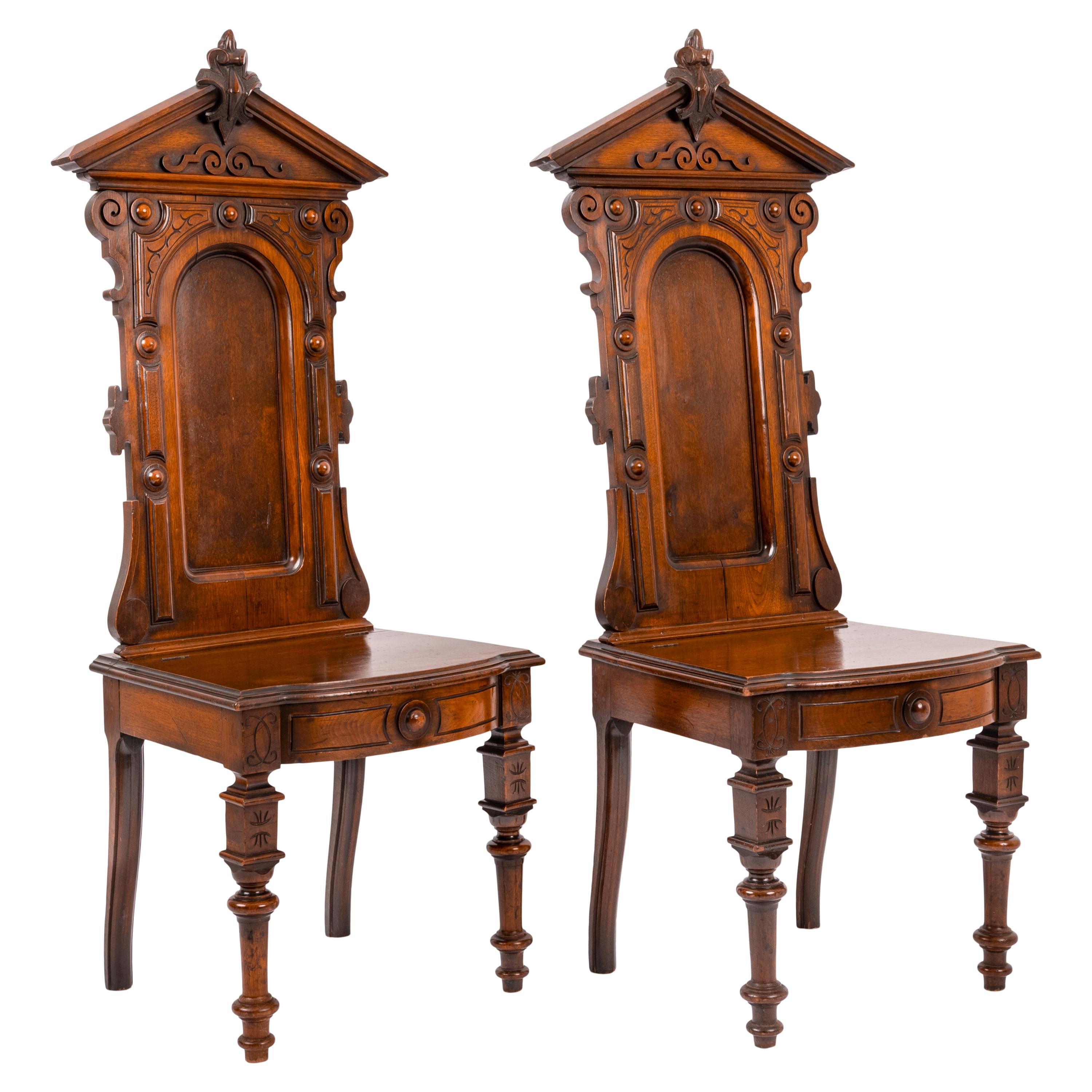 Antique Pair of American High Back Walnut Renaissance Revival Carved Hall Chairs In Good Condition In Portland, OR
