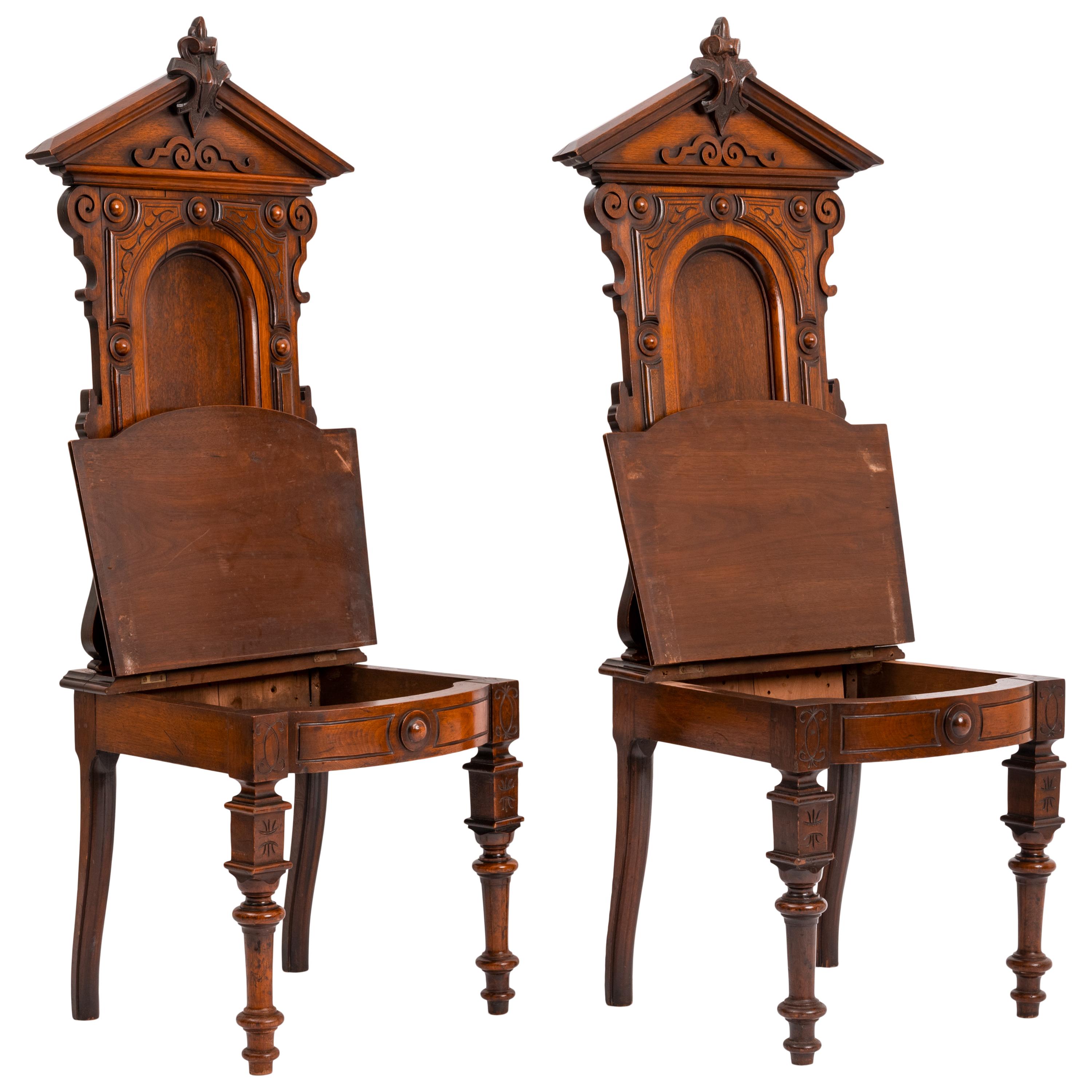 Late 19th Century Antique Pair of American High Back Walnut Renaissance Revival Carved Hall Chairs
