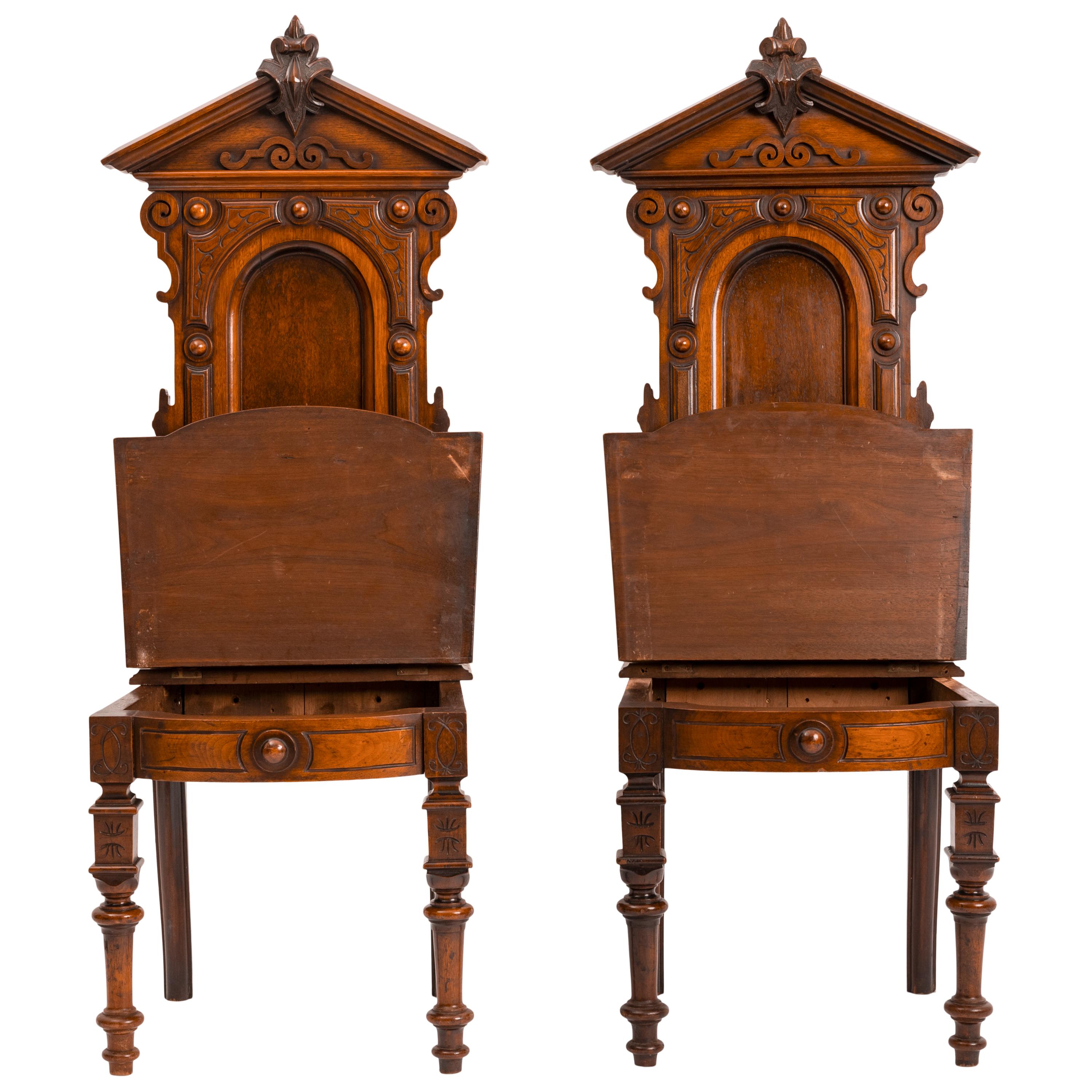 Antique Pair of American High Back Walnut Renaissance Revival Carved Hall Chairs 1