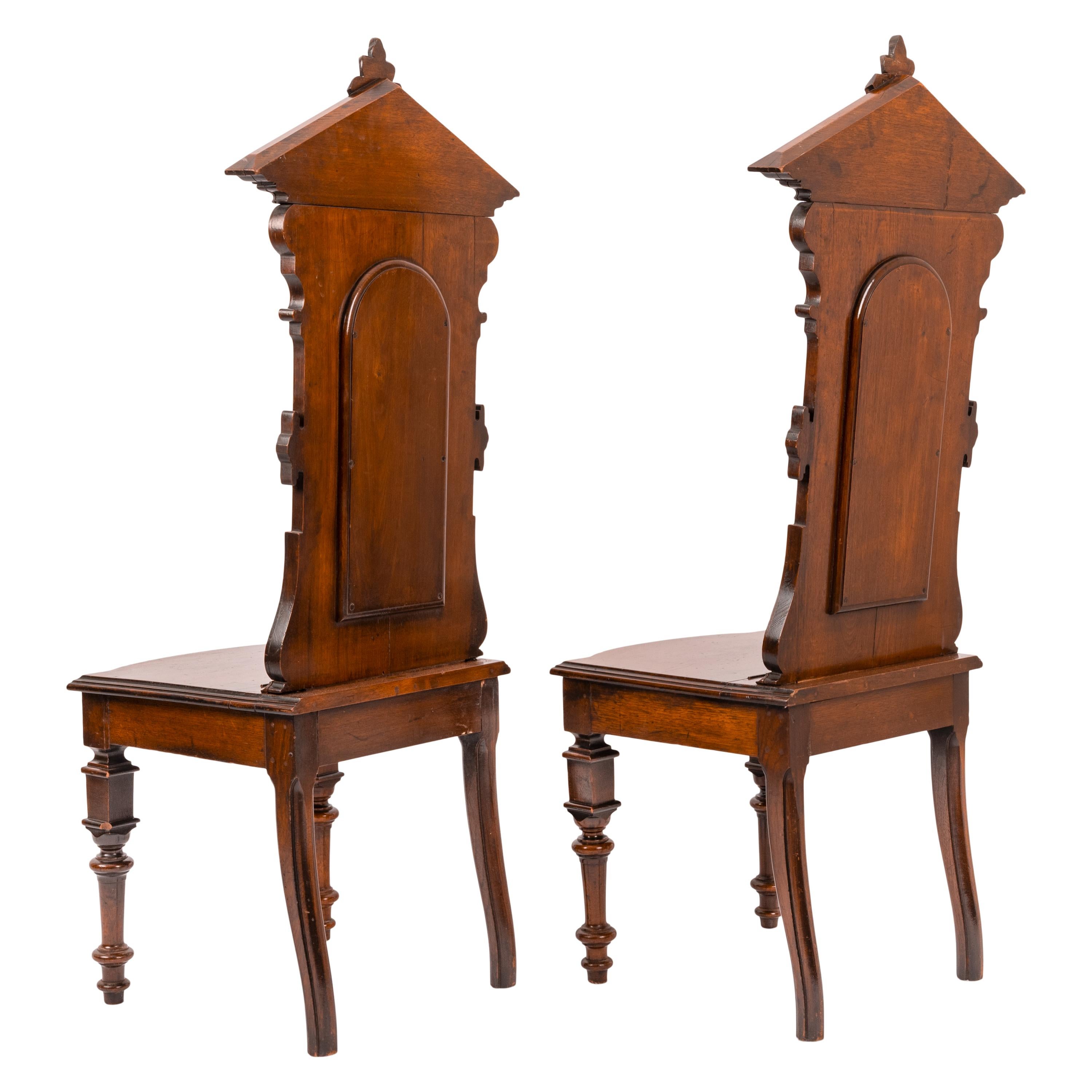 Antique Pair of American High Back Walnut Renaissance Revival Carved Hall Chairs 2