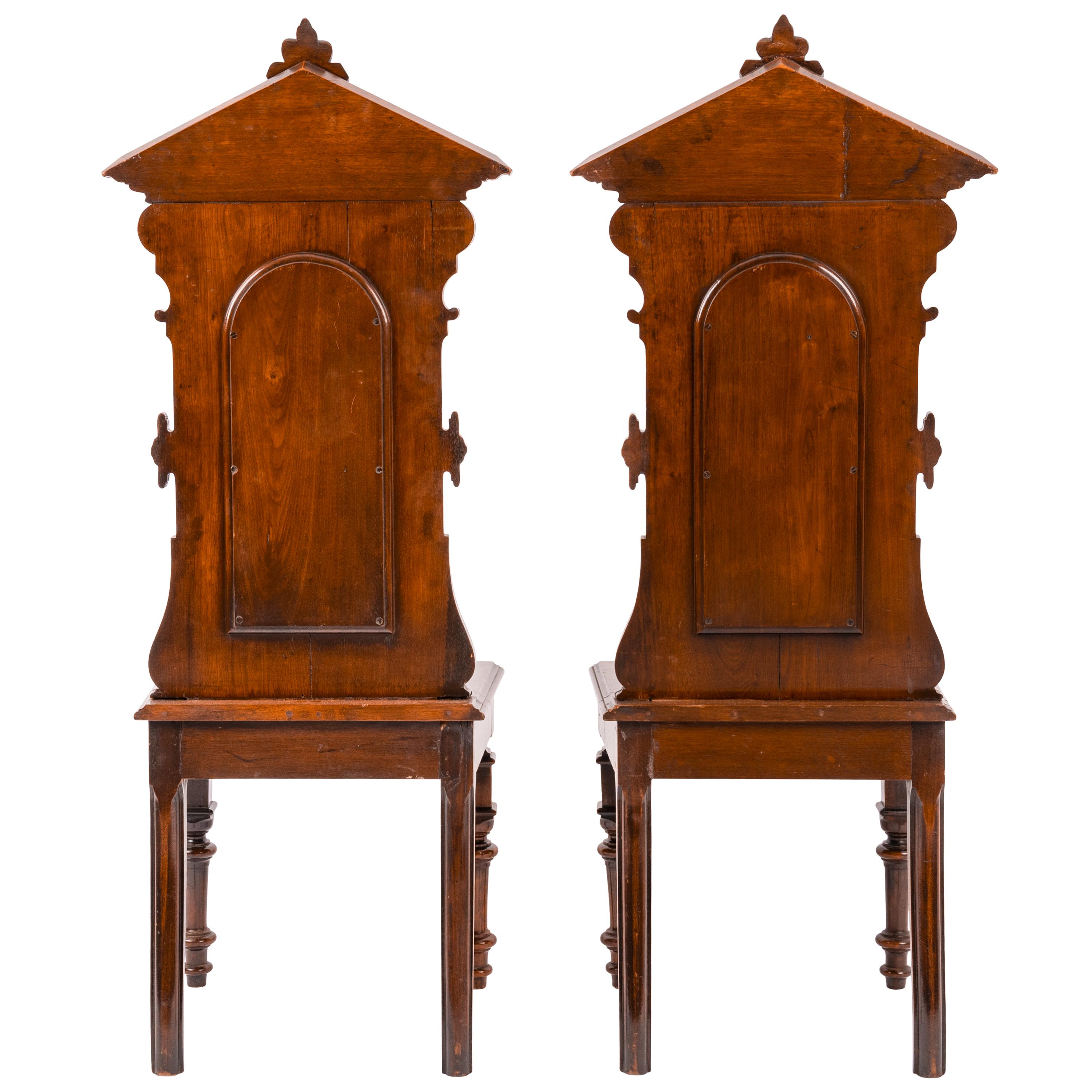 Antique Pair of American High Back Walnut Renaissance Revival Carved Hall Chairs 3
