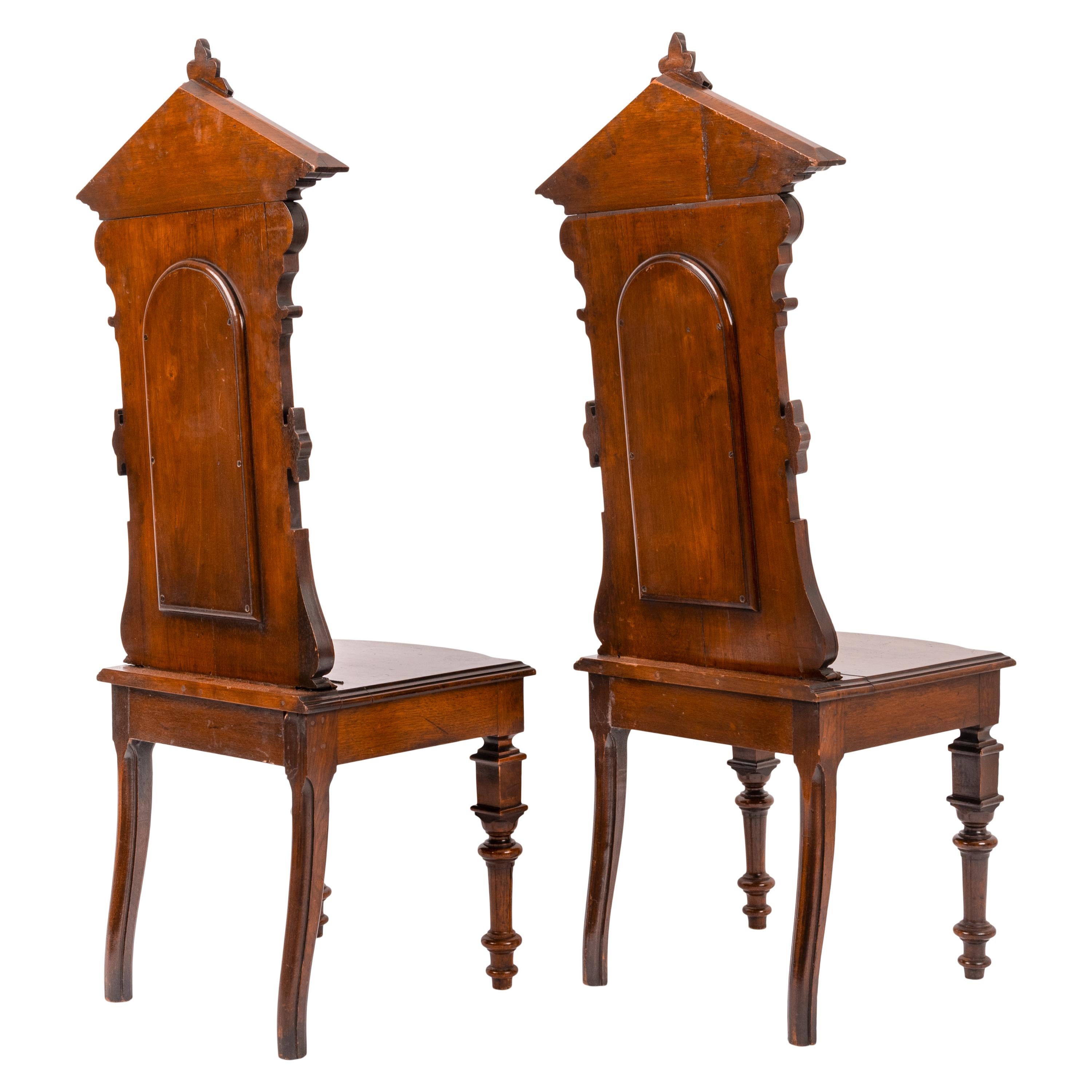 Antique Pair of American High Back Walnut Renaissance Revival Carved Hall Chairs 4