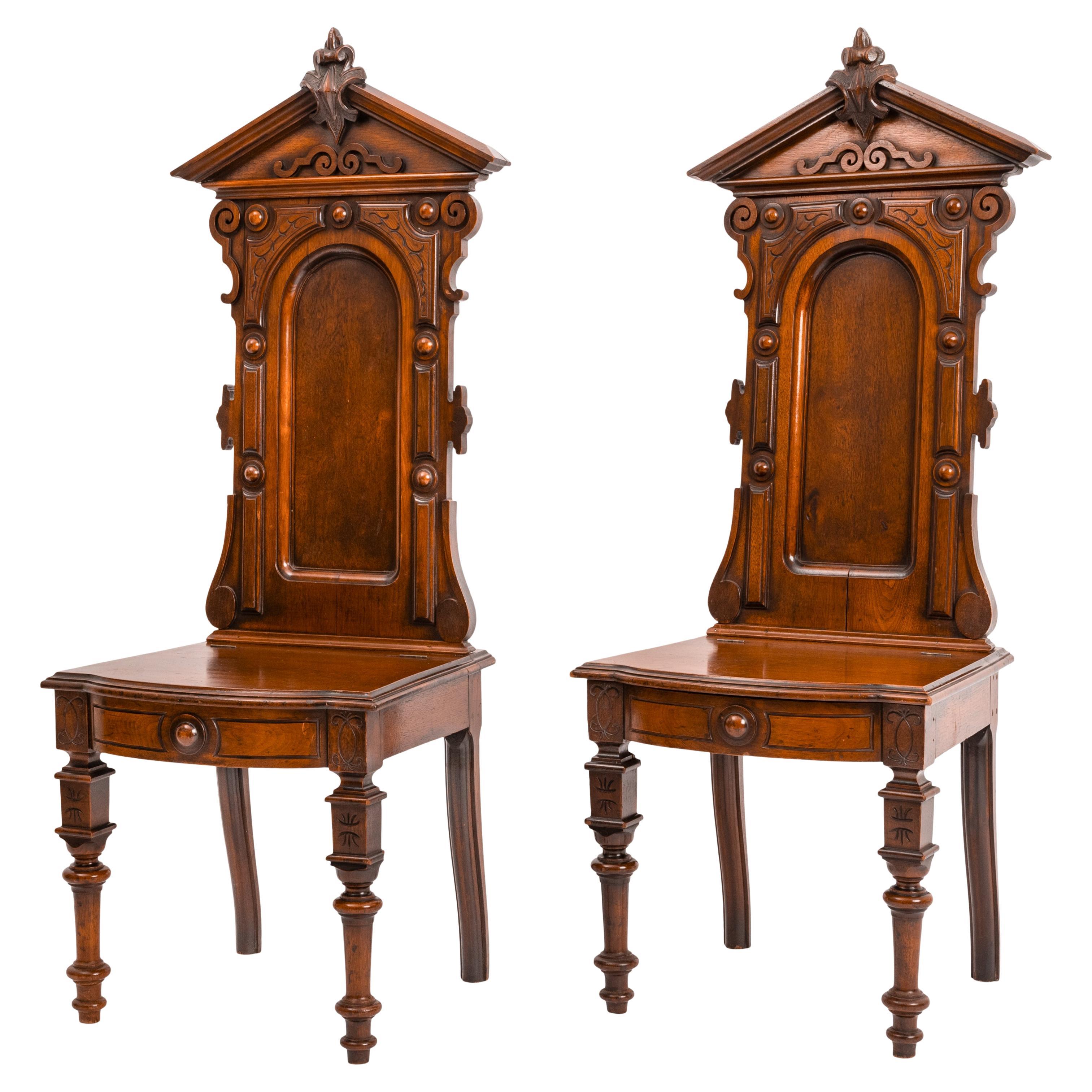 Antique Pair of American High Back Walnut Renaissance Revival Carved Hall Chairs