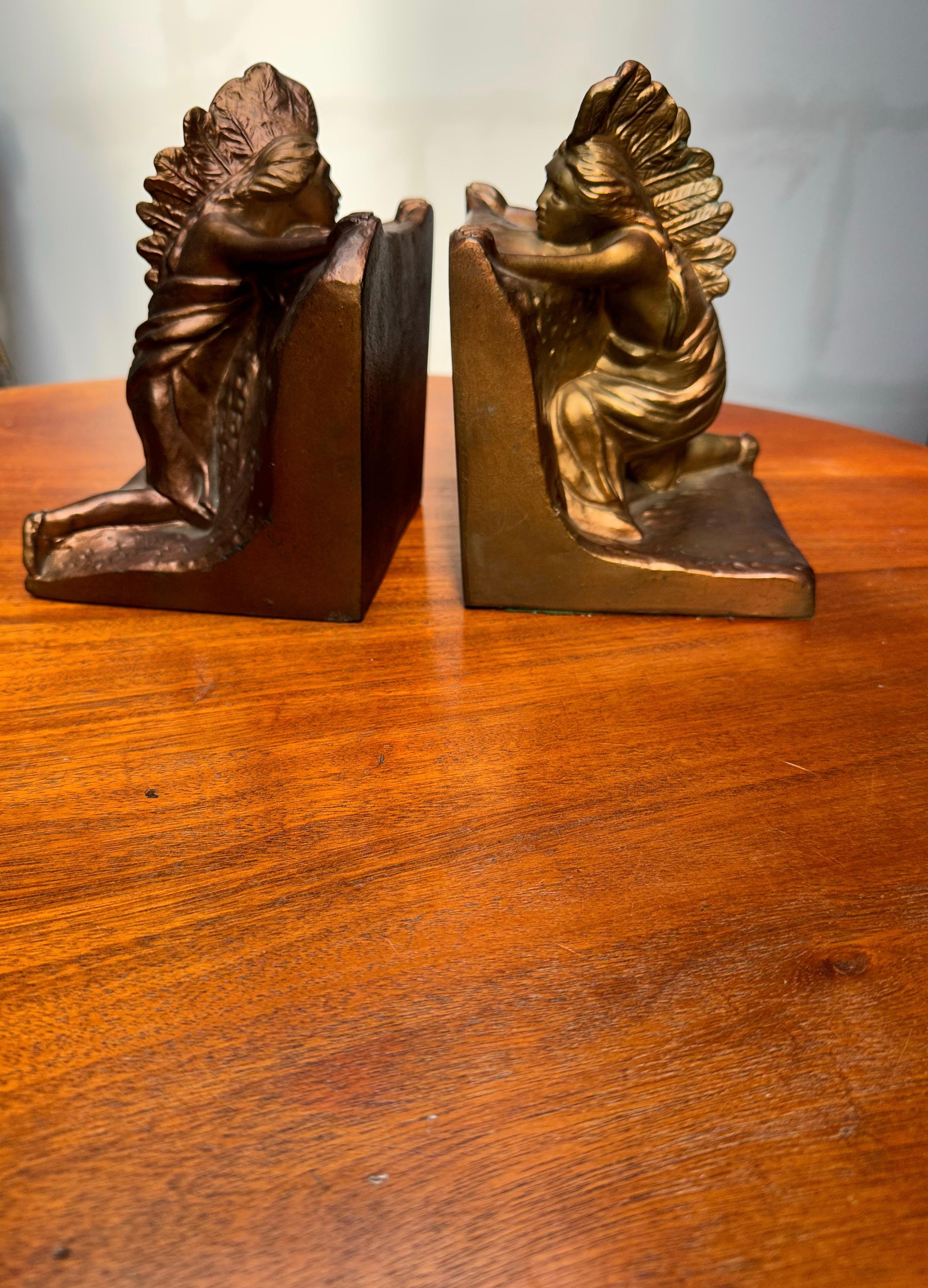 Antique Pair of American Made, Native Indian 'Ambush' Bookends by N. Partridge For Sale 10