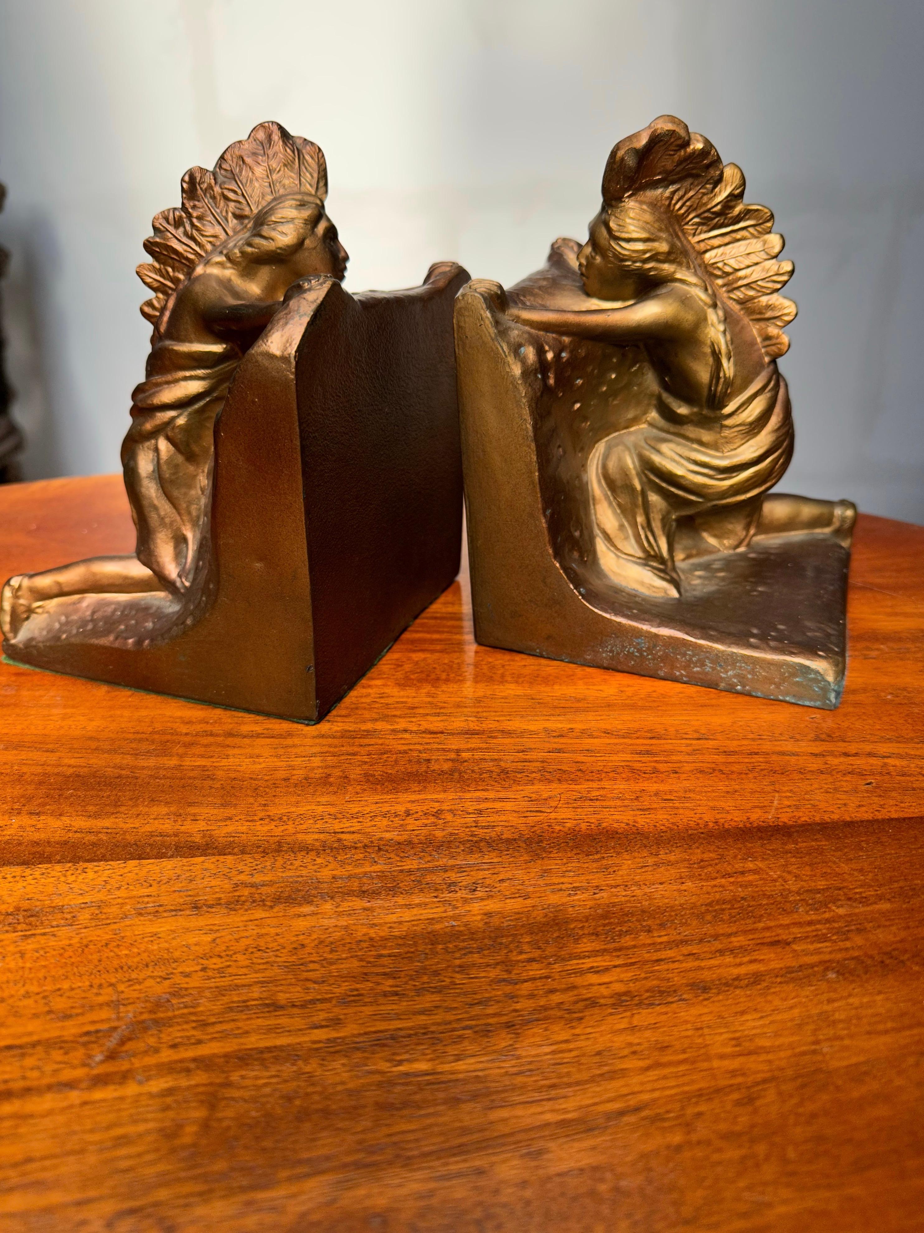 Rare pair of original, American made, Marked, Native American / Indian bookends.

In the earliest years of the 1900s a lady artisan working out of New York created these now very rare Americana. Little else is known about this artist and her work
