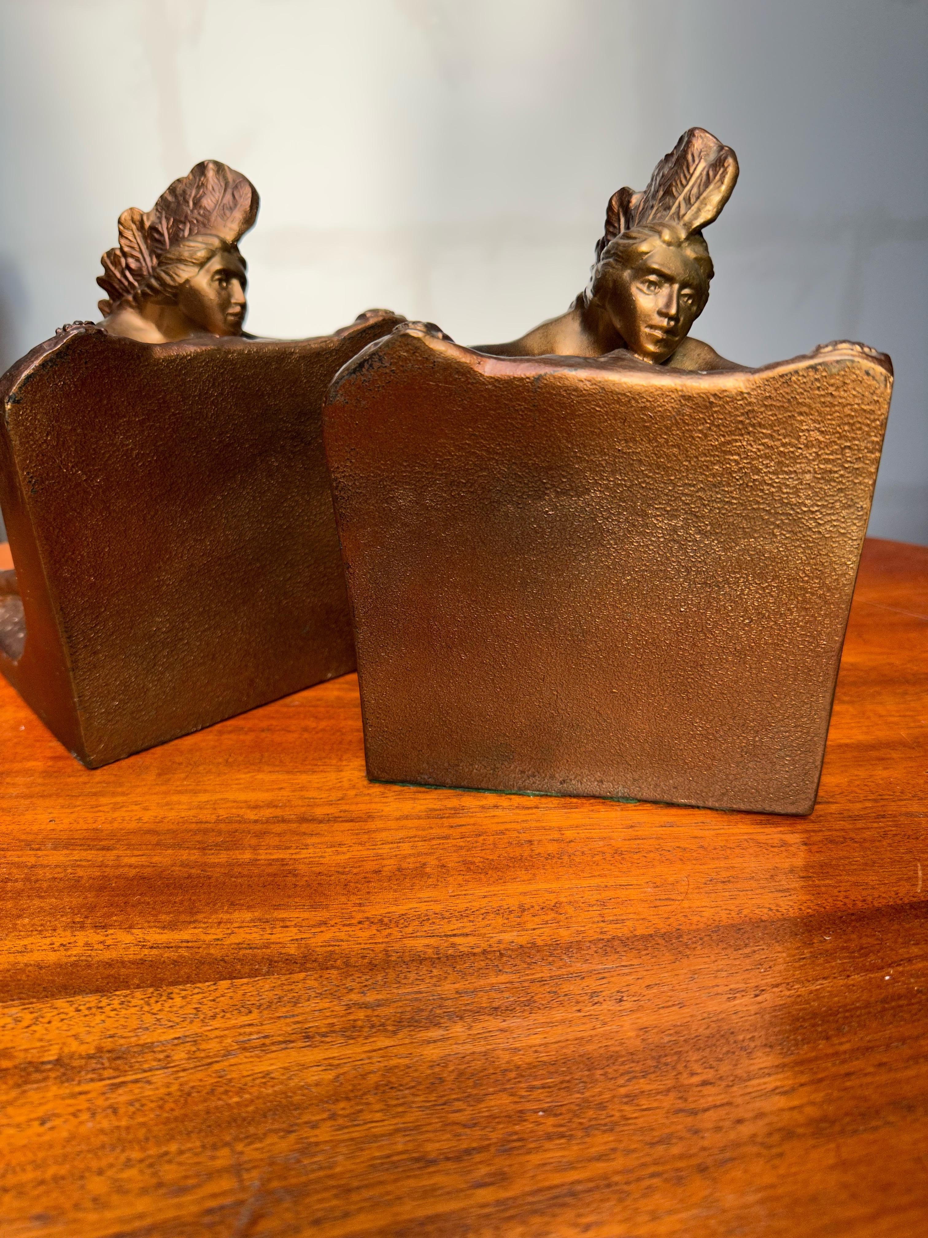 Arts and Crafts Antique Pair of American Made, Native Indian 'Ambush' Bookends by N. Partridge For Sale