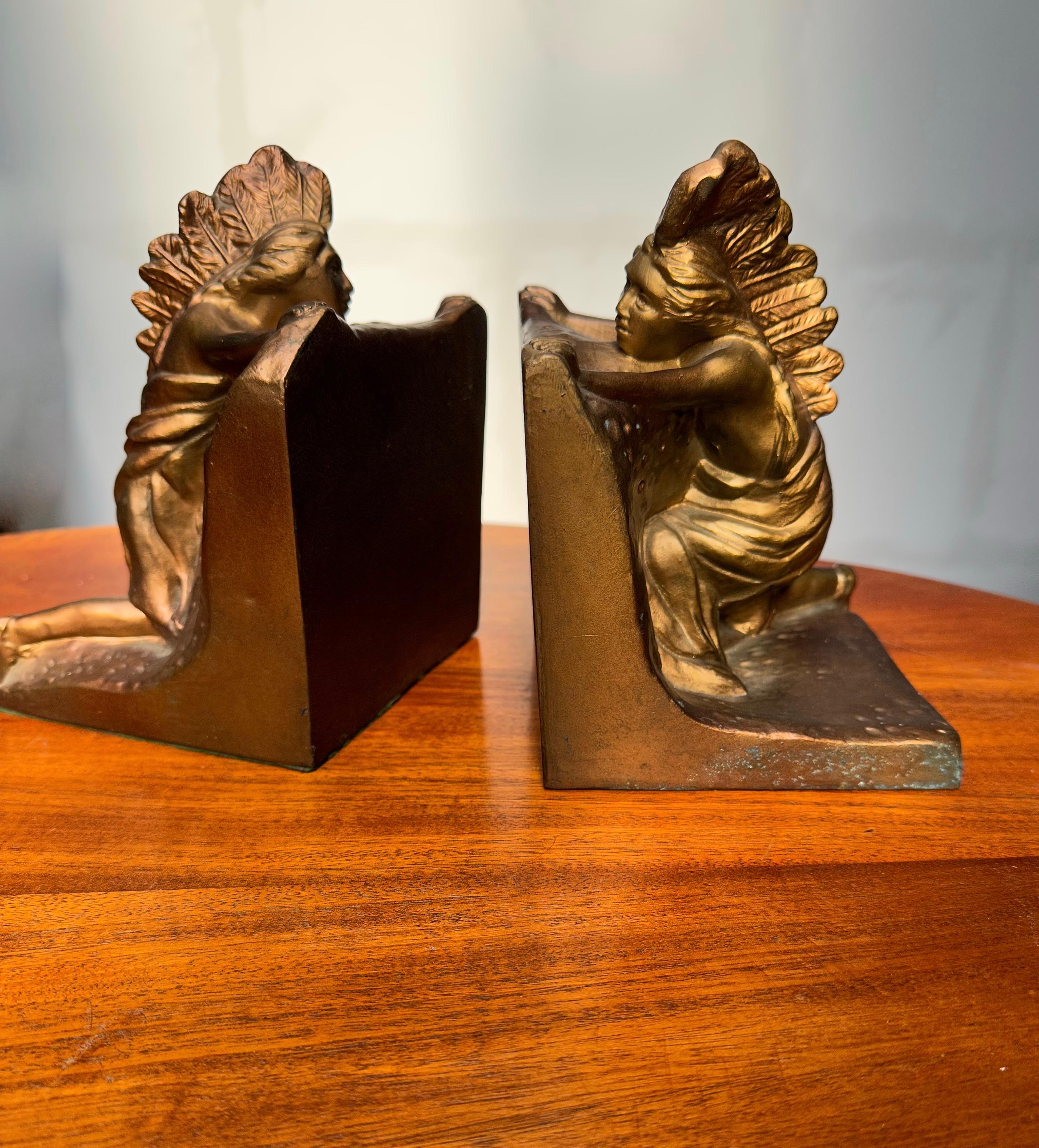Hand-Crafted Antique Pair of American Made, Native Indian 'Ambush' Bookends by N. Partridge For Sale