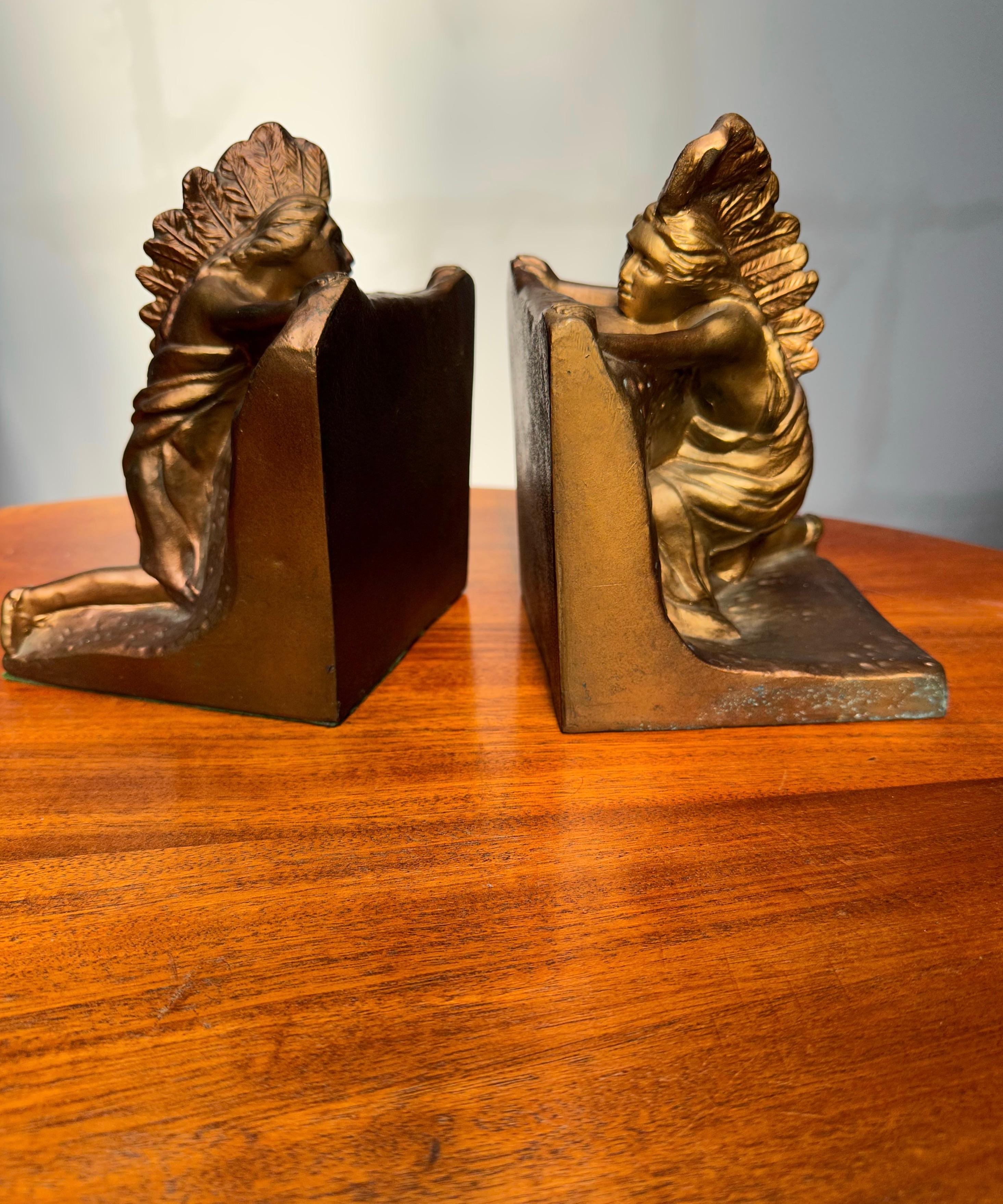 Metal Antique Pair of American Made, Native Indian 'Ambush' Bookends by N. Partridge For Sale