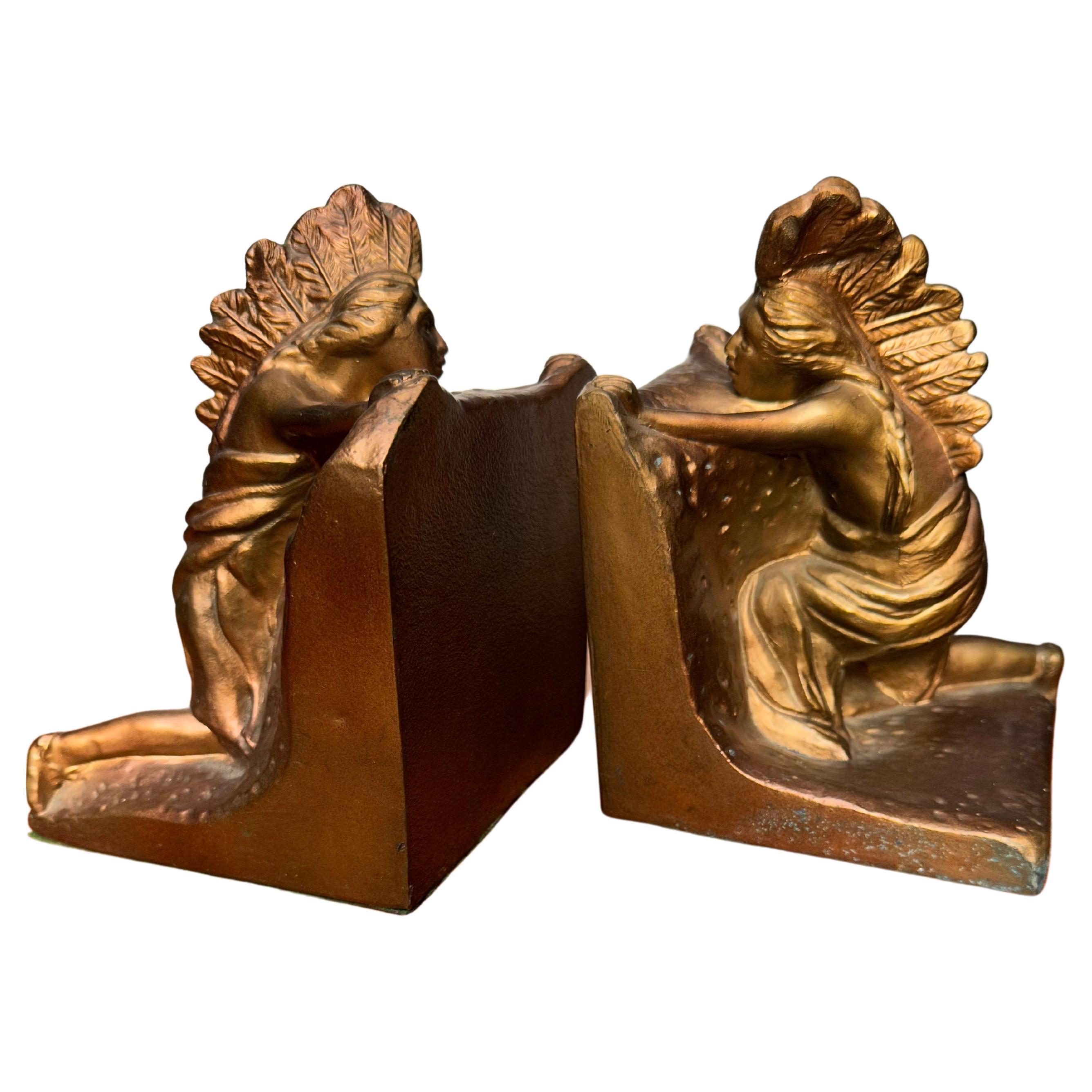 Antique Pair of American Made, Native Indian 'Ambush' Bookends by N. Partridge