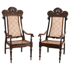 Antique Pair of Anglo Indian Rosewood Caned Armchairs