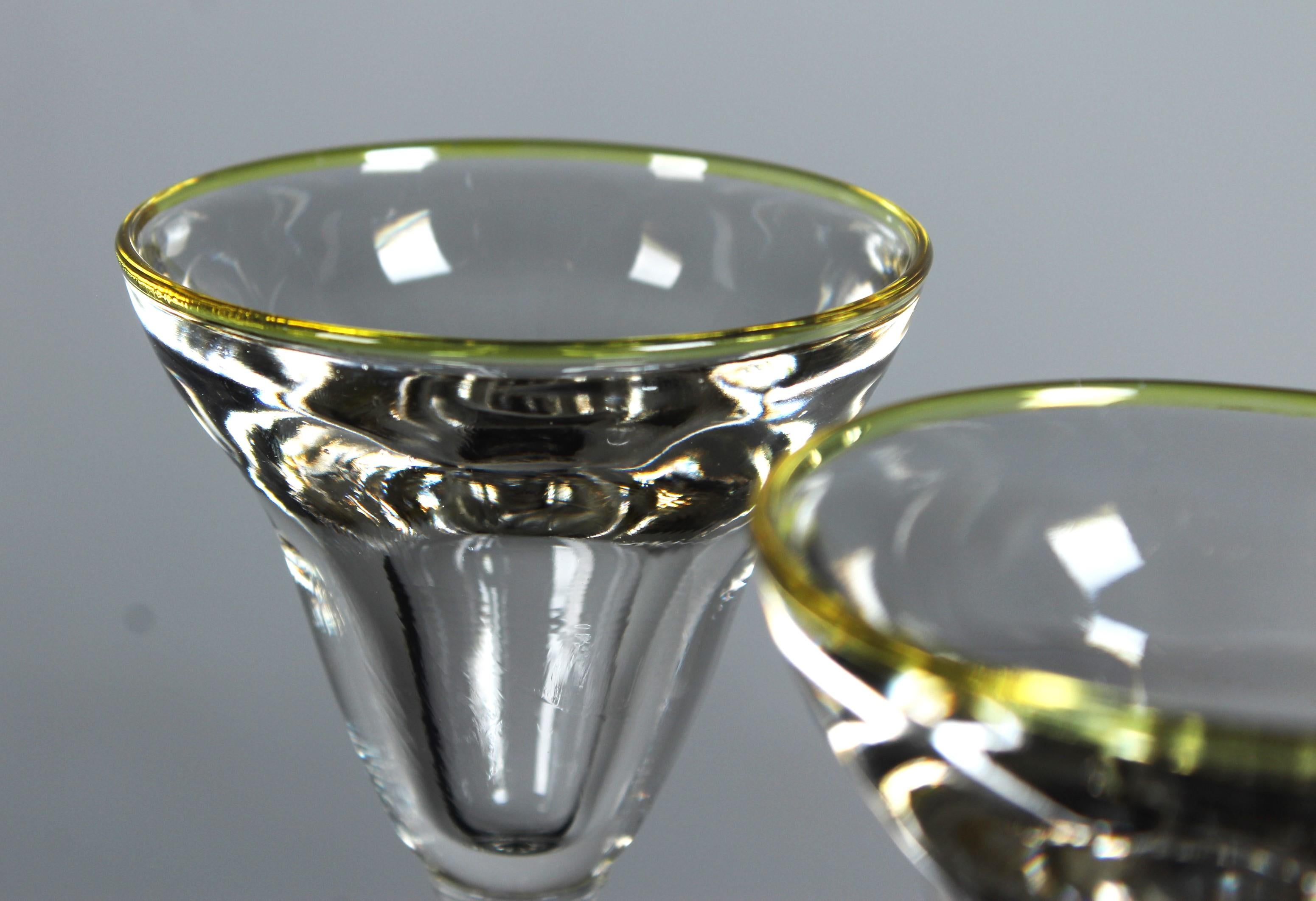 Hand-Crafted Antique Pair Of Aperitif Glasses, 1900s, France, Green Coloured Glass, 15 cm For Sale