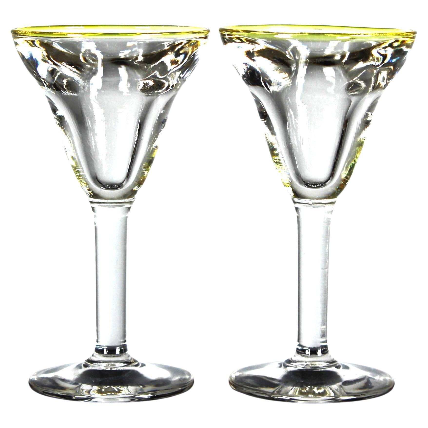 Antique Pair Of Aperitif Glasses, 1900s, France, Green Coloured Glass, 15 cm