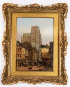 Antique Pair of Architectural Views Oil Paintings Lewis J Wood 19th Century
