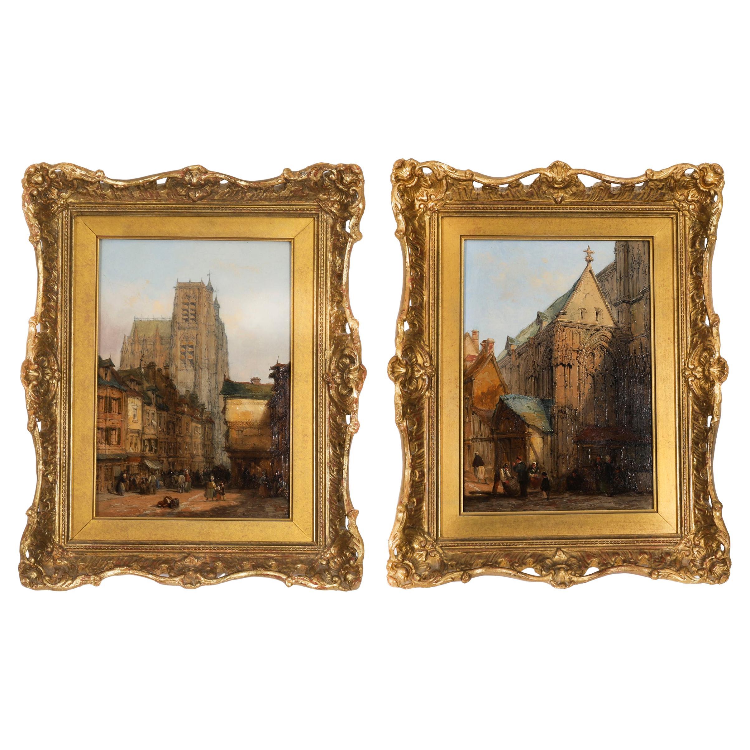 Antique Pair of Architectural Views Oil Paintings Lewis J Wood 19th Century