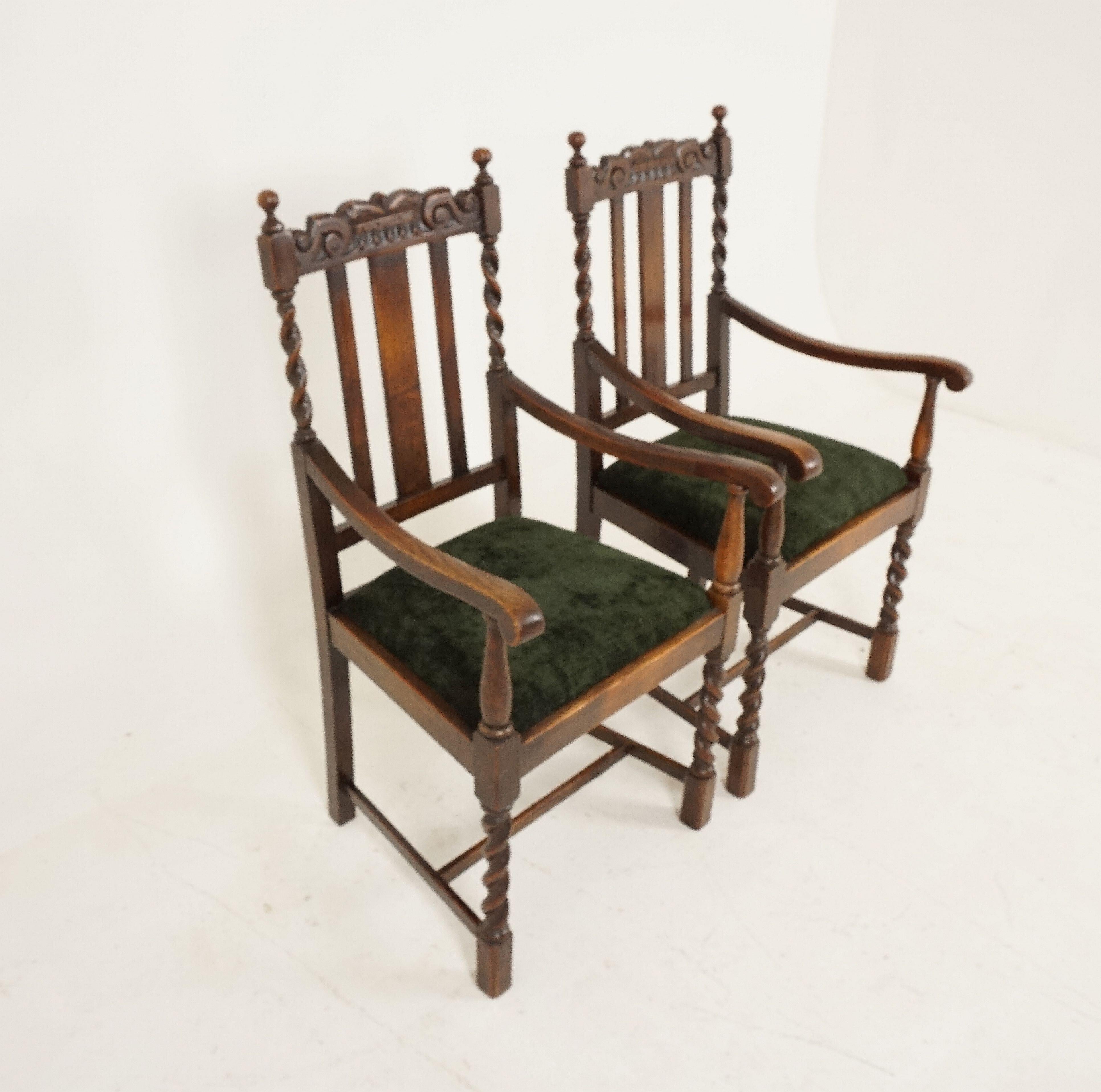 Antique pair of arm chairs, carved oak, barley twist, Scotland 1920, B2485

Scotland 1920
Solid oak
Original finish
Carved rail on top
Above two barley twist supports
Three vertical slats on the open back
Out swept arms
Lift out upholstered