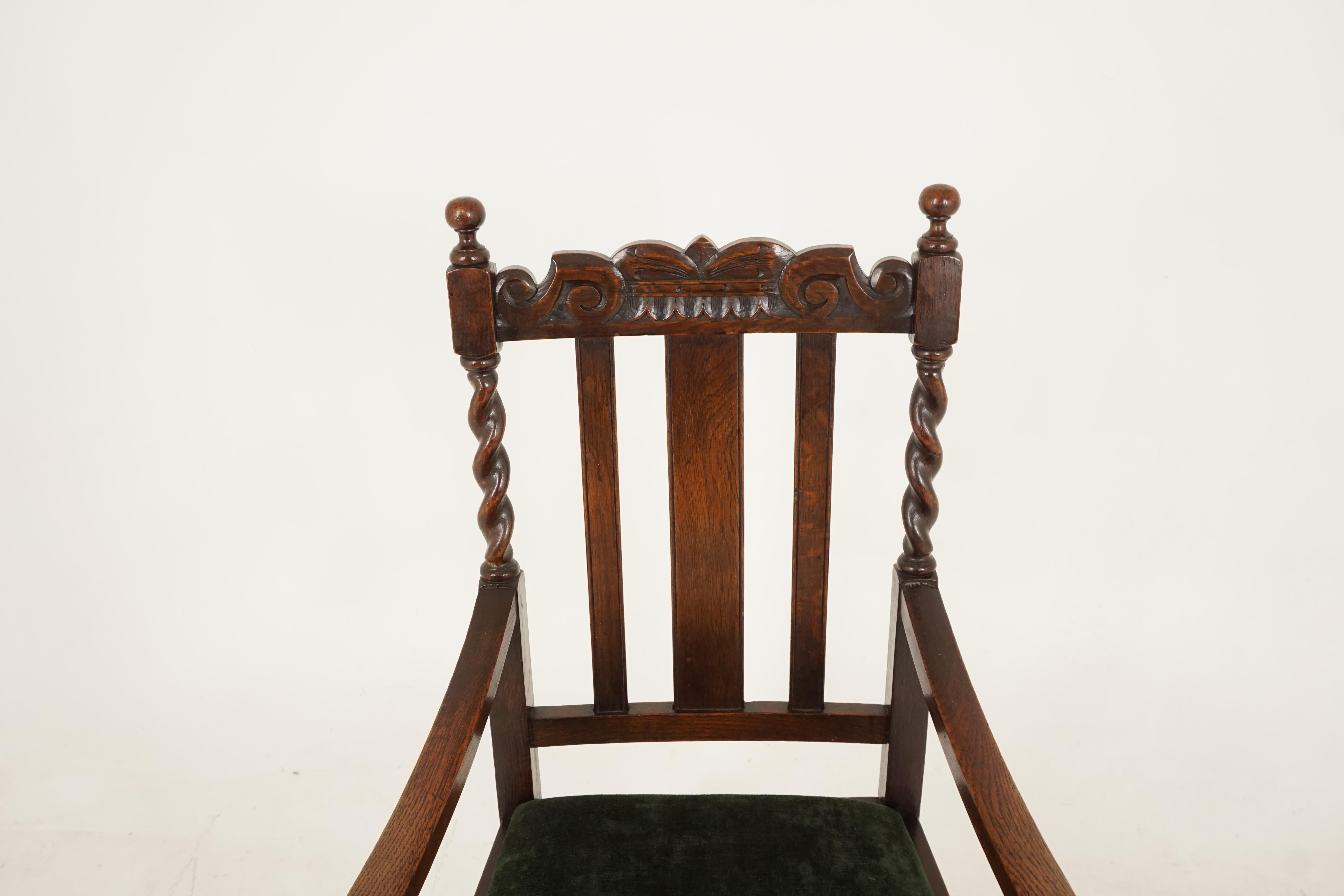 Scottish Antique Pair of Arm Chairs, Carved Oak, Barley Twist, Scotland 1920, B2485