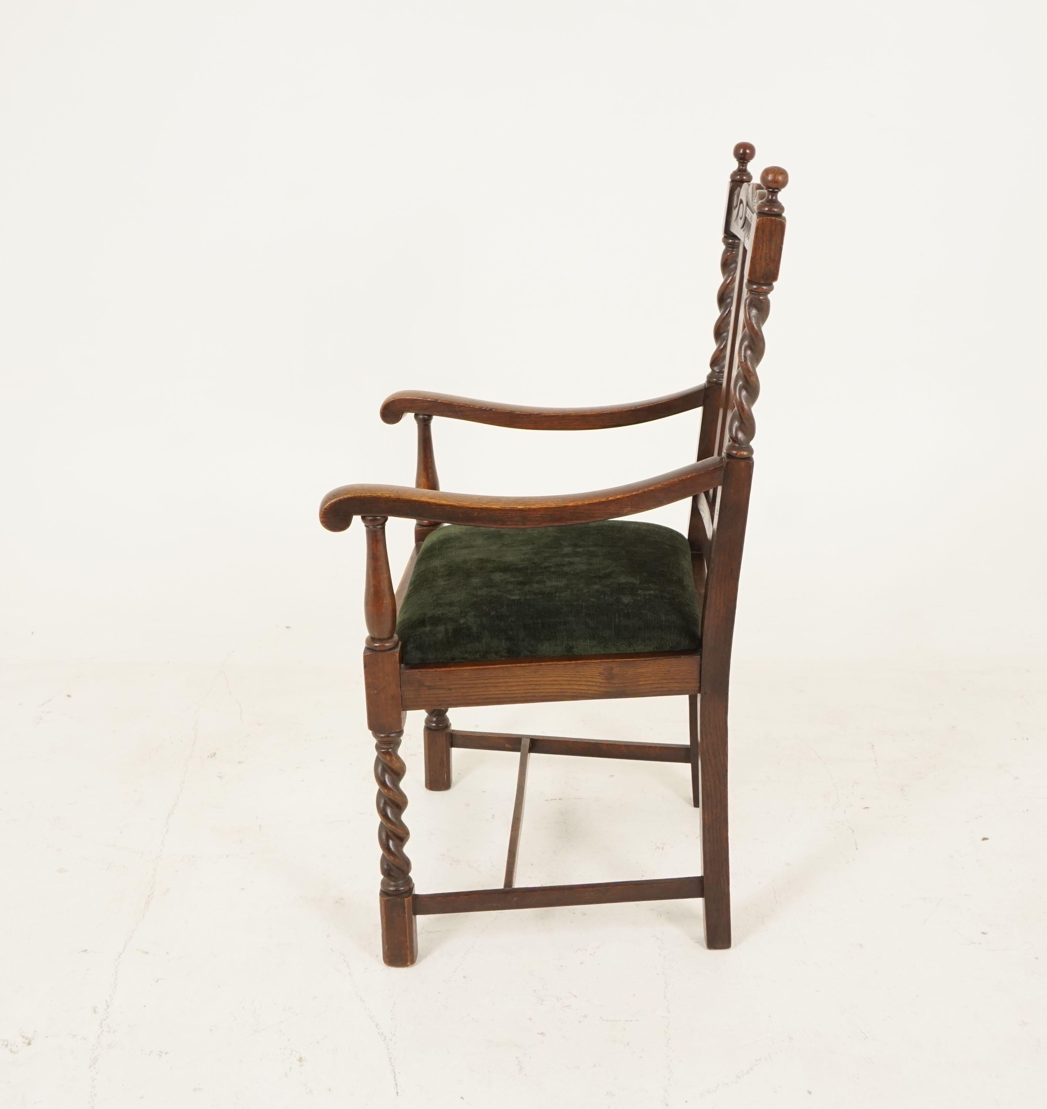 Early 20th Century Antique Pair of Arm Chairs, Carved Oak, Barley Twist, Scotland 1920, B2485