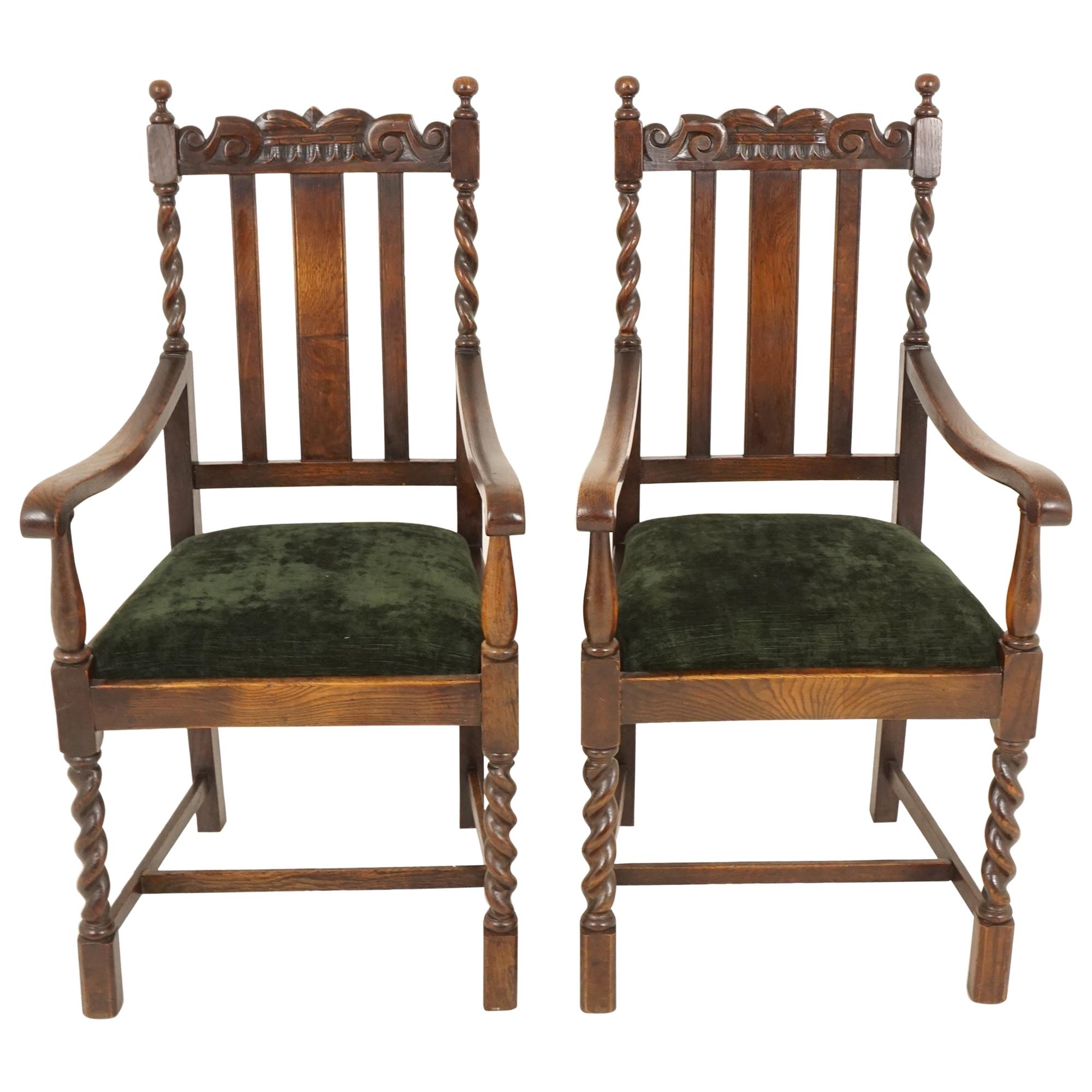 Antique Pair of Arm Chairs, Carved Oak, Barley Twist, Scotland 1920, B2485